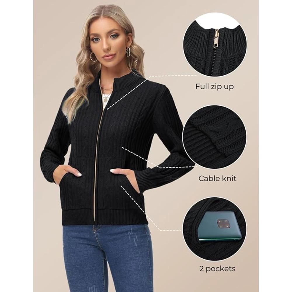Urban Retreat Womens Black Cable Knit Zip Up Sweater
