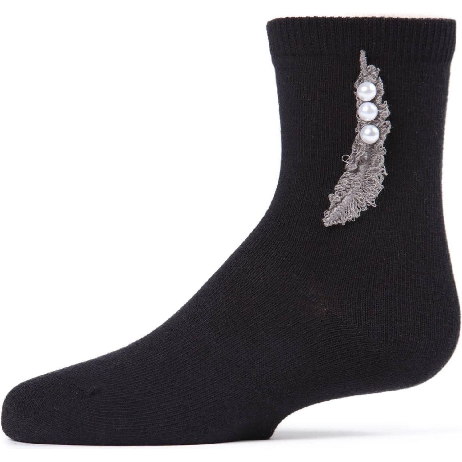 MeMoi Feathery Combed Cotton Faux Pearl Girls Crew Socks
