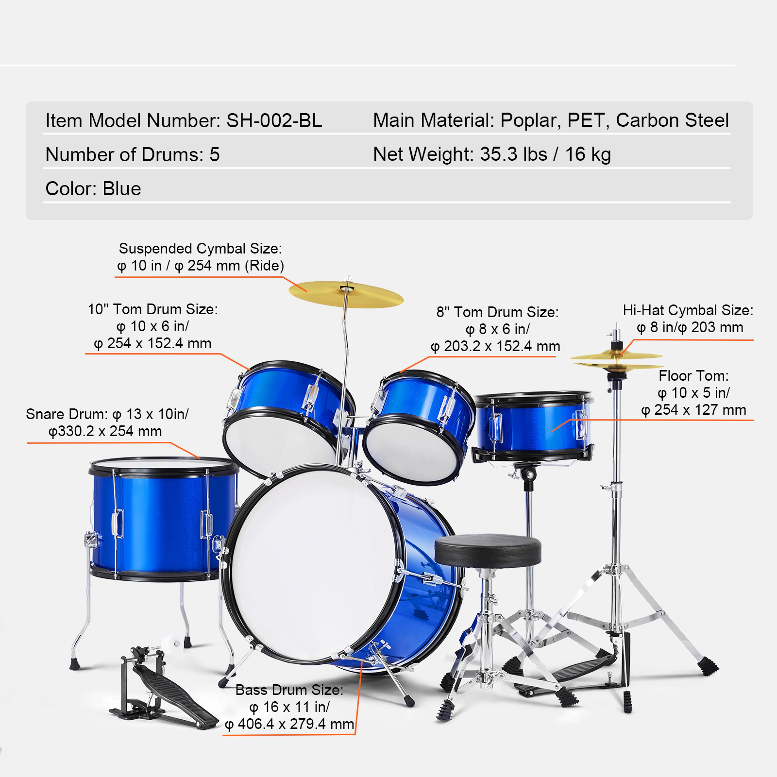 HONGGE Kids Drum Set Junior Sets Beginner Drums with Adjustable Throne Cymbal & Two Pairs of Drumsticks
