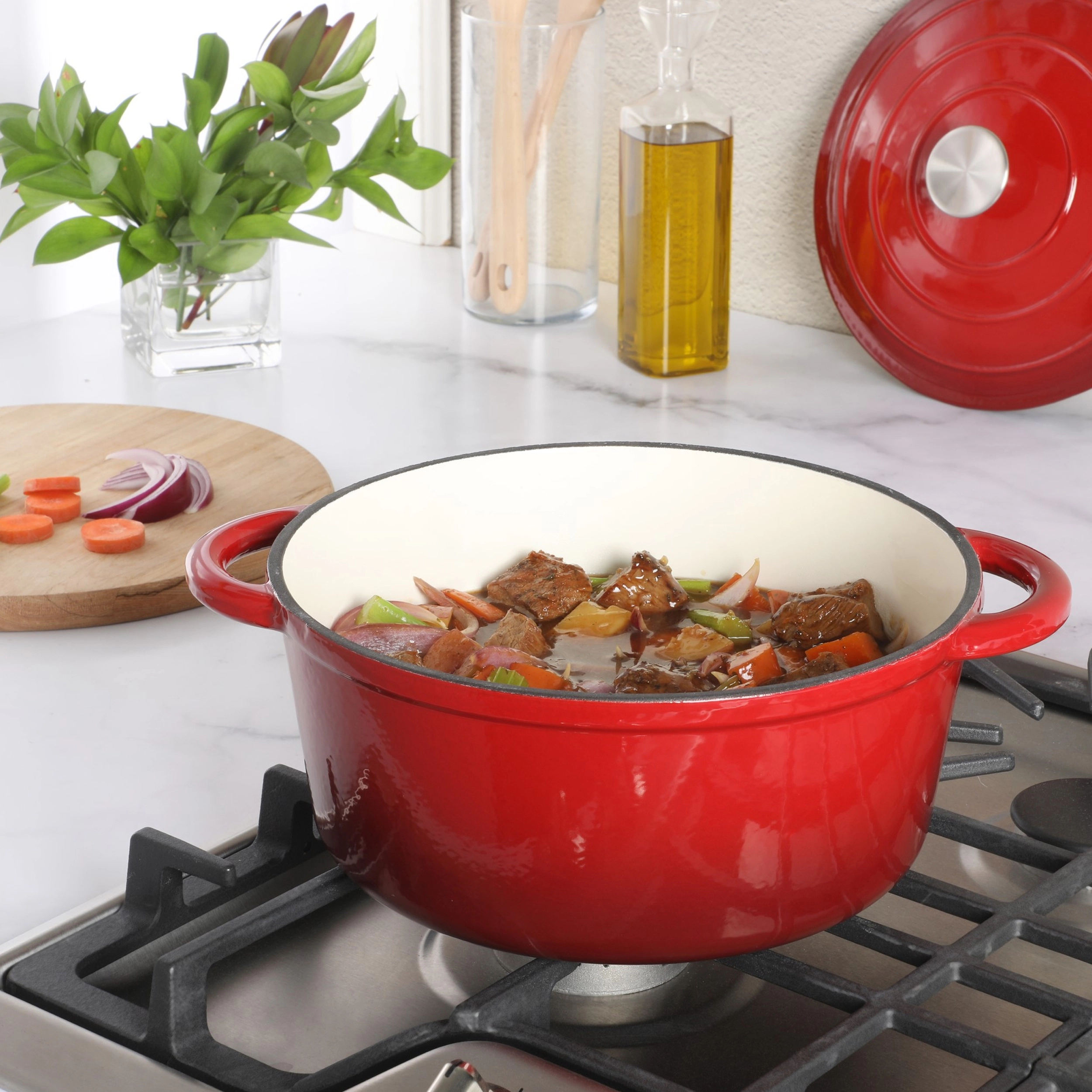 Gibson Home Addlestone Quart Enameled Cast Iron Dutch Oven with Lid in Red