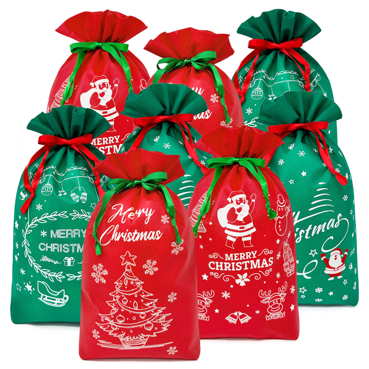 Wrapables Christmas Drawstring Gift Bags for Party Favors, Goodie Bag, Gift Wrap, Parties (Set of 8), Red & Green