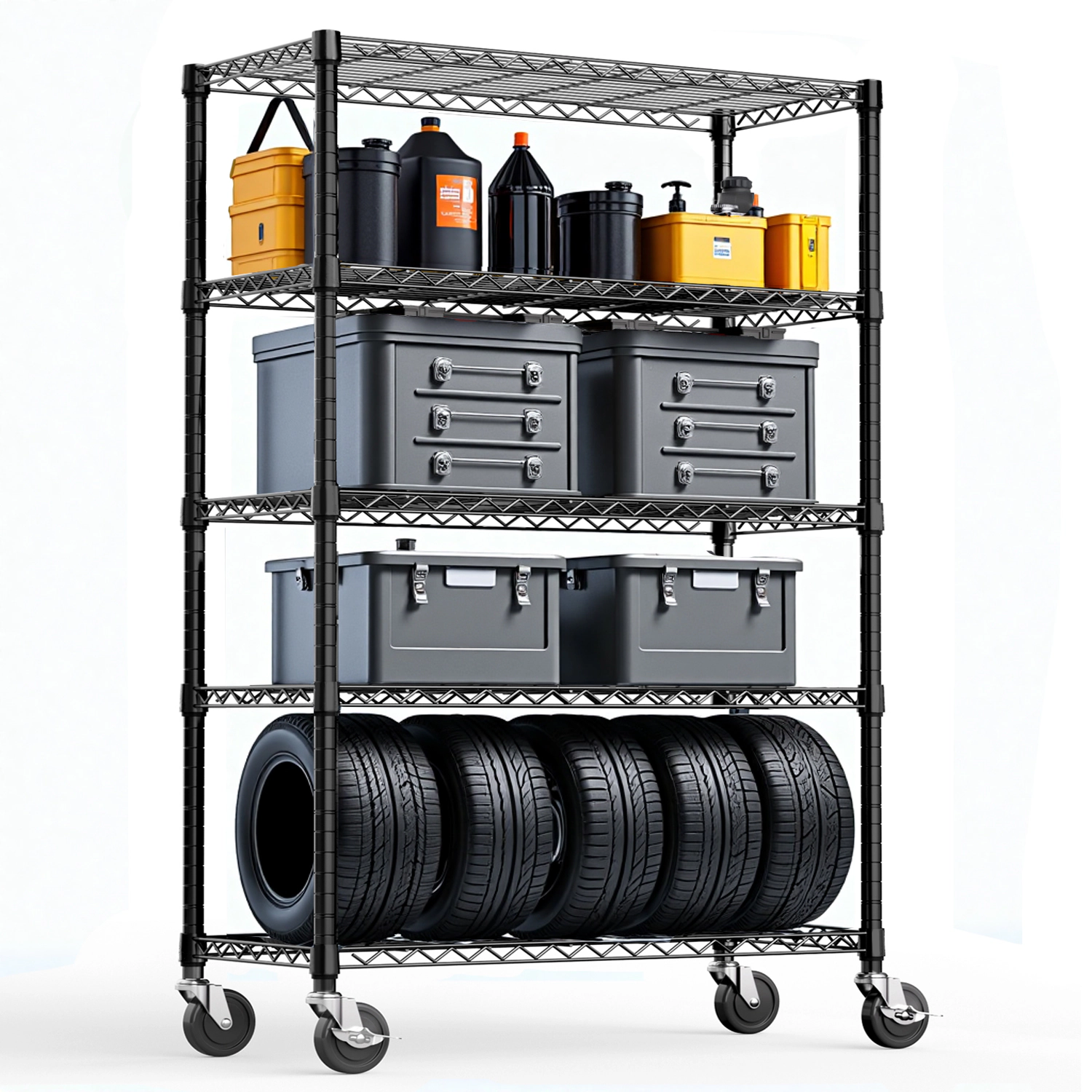 Flynama 5-Tier Steel Shelving Unit, 47.2x17.7x76.7in, 1750lb, Adjustable Rack with Wheels for Home Kitchen Garage