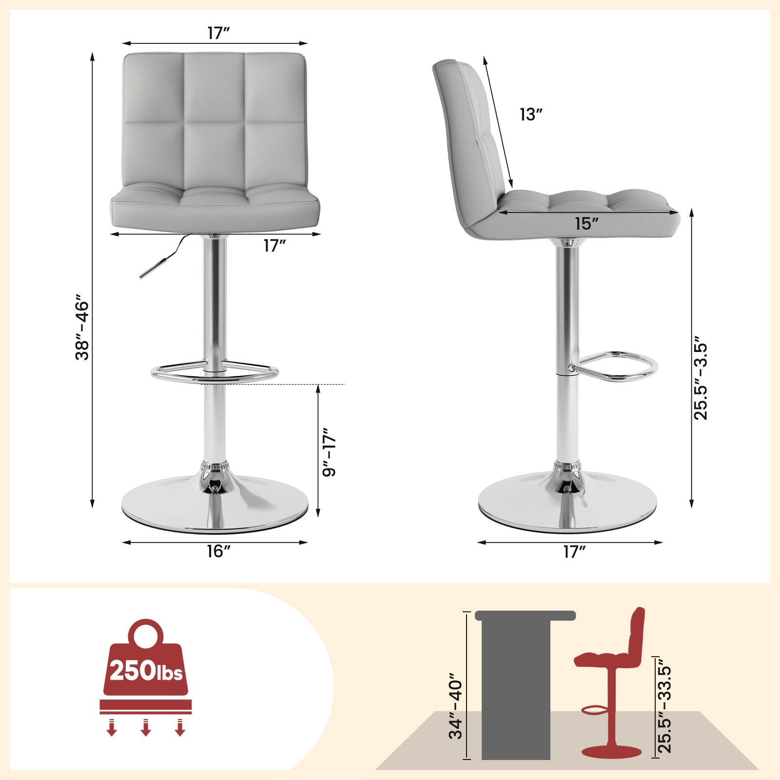 SUGIFT Square Swivel Adjustable Bar Stools with Back and Footrest 250-Lb Capacity 25.5-33.5 in Seat Height Gray