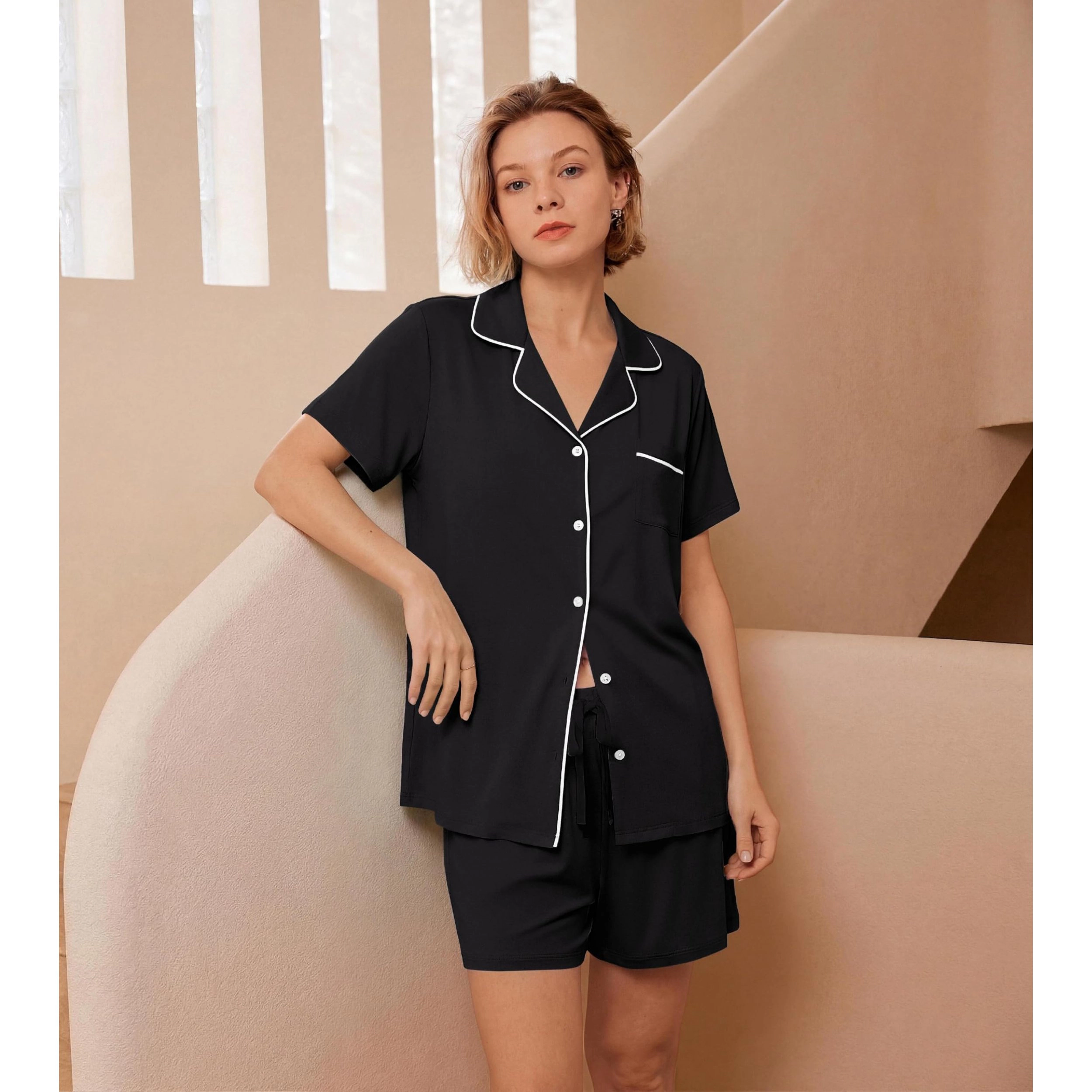 Ekouaer Womens Pajamas Set Soft Classic Notch Collar Bride Pjs Comfy Short Sleeve Loungewear