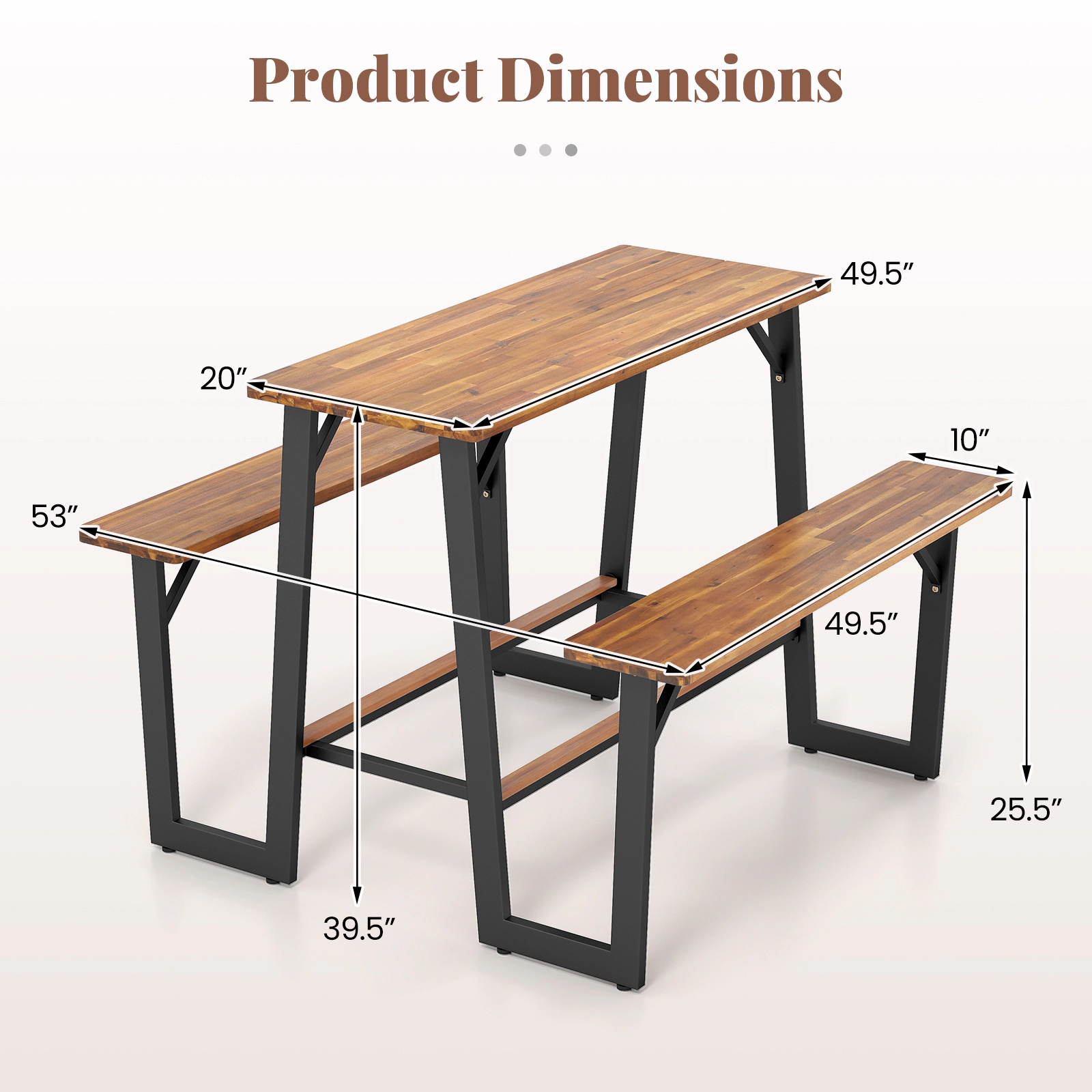 SUGIFT Bar Height Patio Picnic Table Bench Set Acacia Wood Top with Metal Frame
