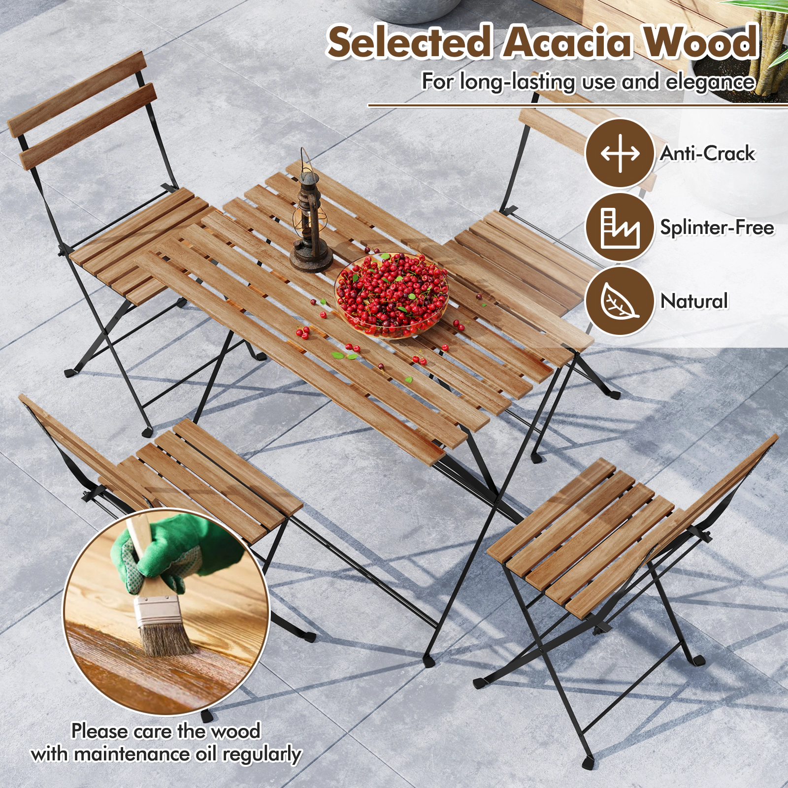 SUGIFT 5 Piece Patio Dining Set Brown Acacia Wood Table with 4 Folding Chairs