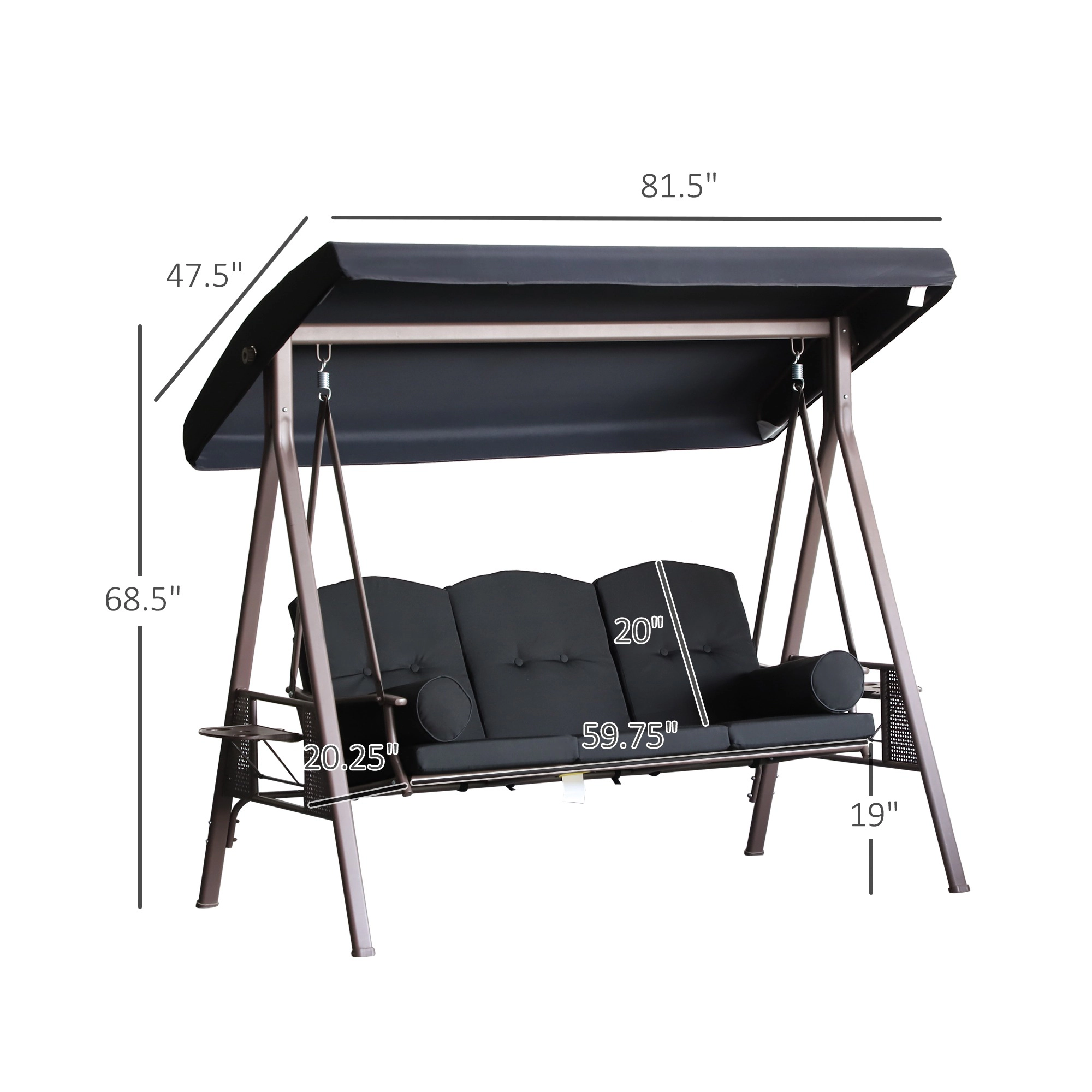 HONGGE 3-Seat Patio Swing Chair, Outdoor Porch Swing Glider with Adjustable Canopy, Removable Cushion