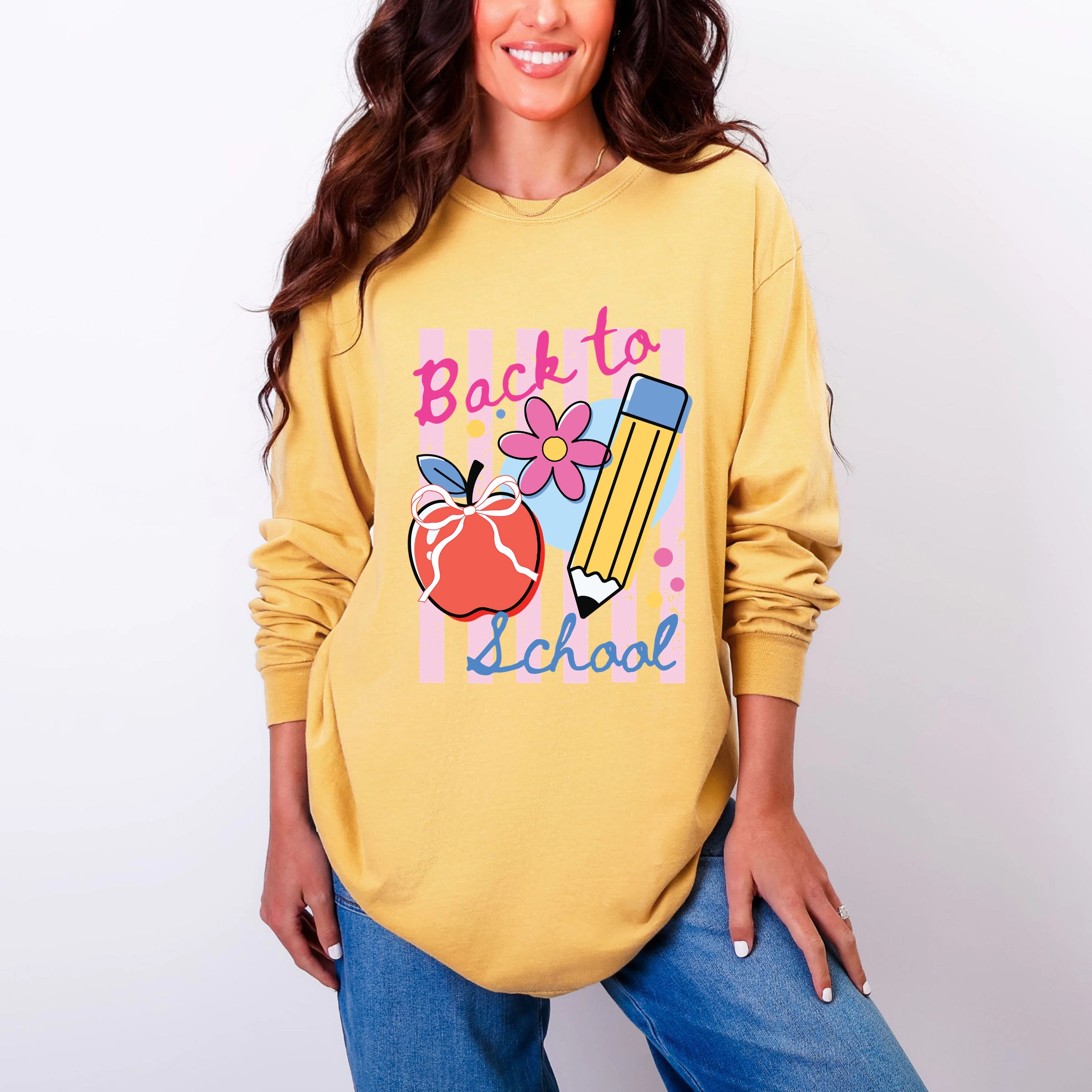Simply Sage Market - Back To School Stripes Women's Garment Dyed Long Sleeve Graphic T-Shirt