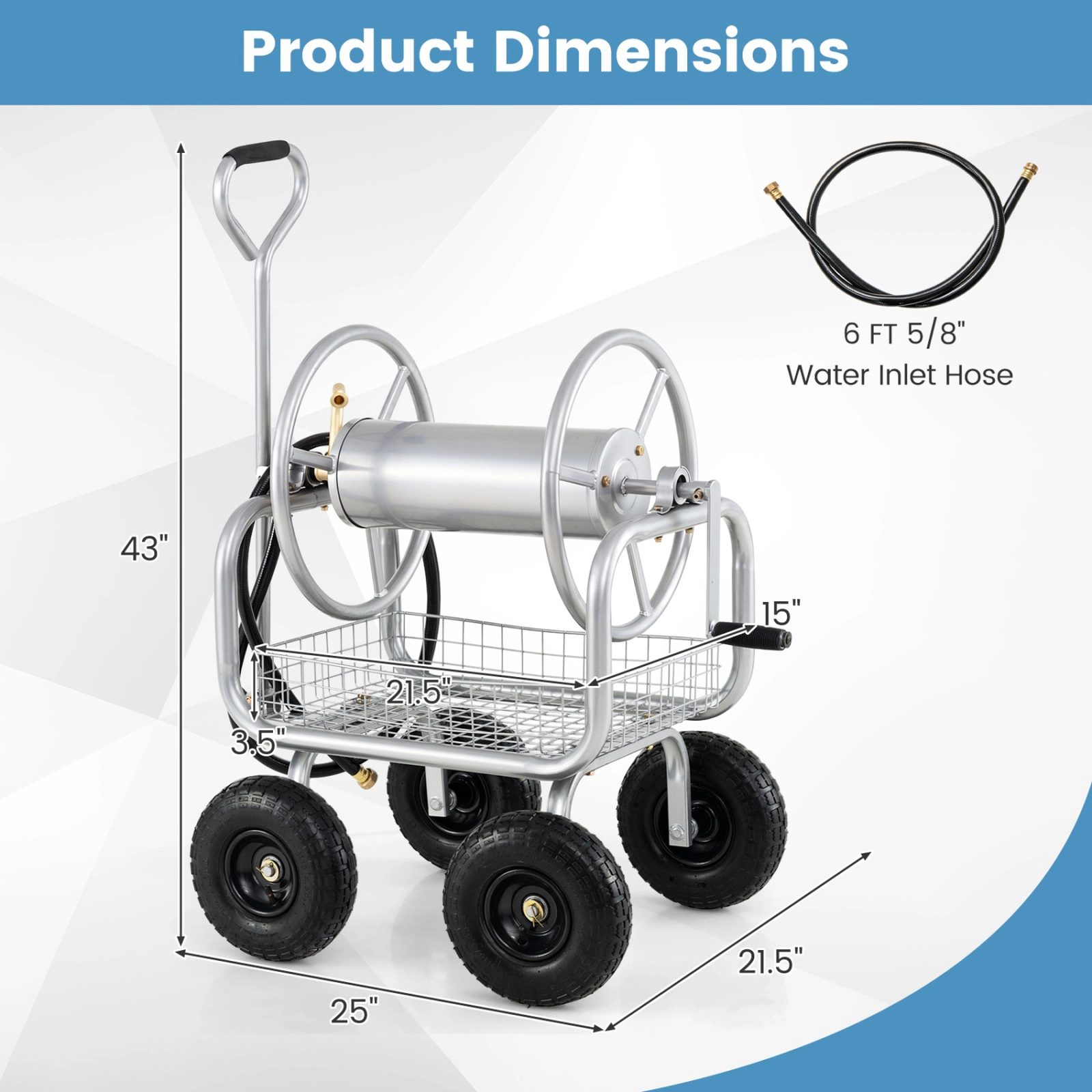 SUGIFT Green Garden Hose Reel Cart with Air-Filled Tires and Storage Basket 25-in W 21.5-in D 43-in H