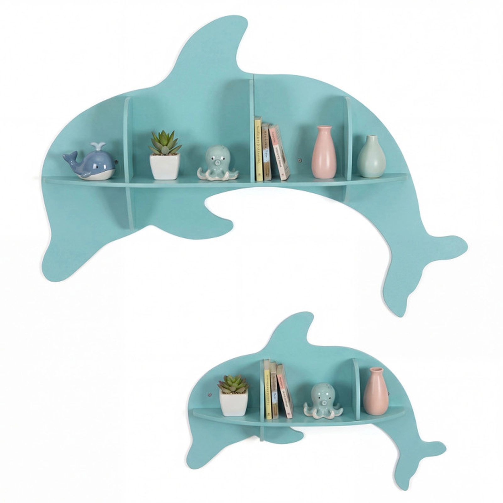 SUGIFT Floating Dolphin Wall Mounted Toy Organizer Shelves Set of 2 11-lb Shelf Capacity 7-lb Small Shelf Capacity Blue