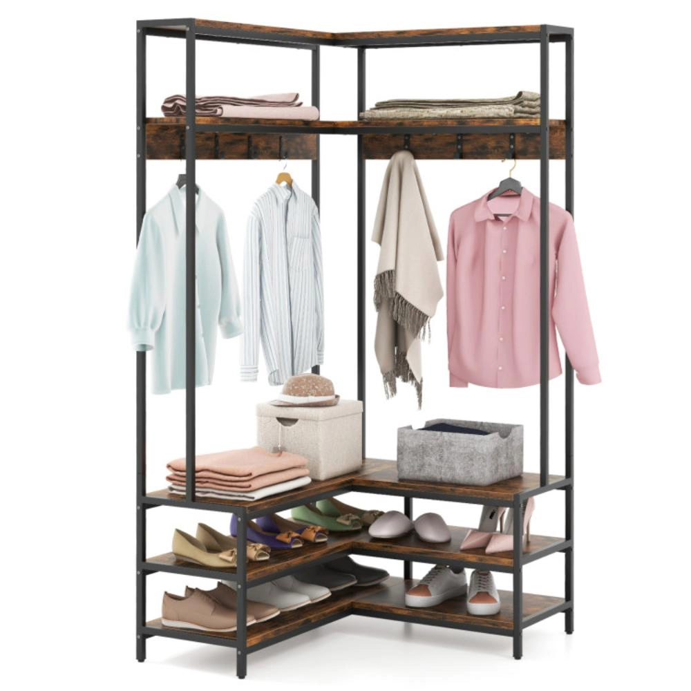 Hivvago Corner Garment Rack with Open Shelves and 7 Hooks Shoe Bench-Rustic Brown