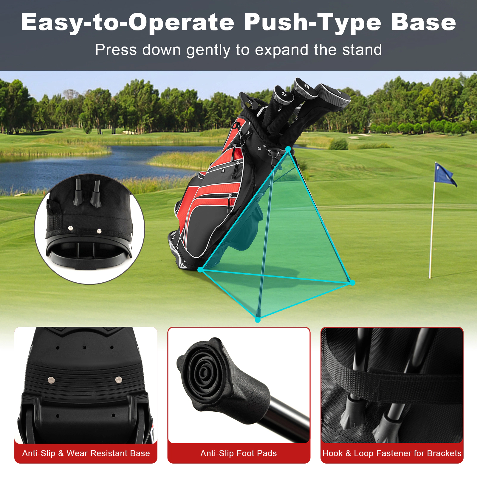 Golf Stand Carry Bag 6-Way Divider Top 8 Pockets Automatic Stand Legs Padded Dual Straps Red Lightweight