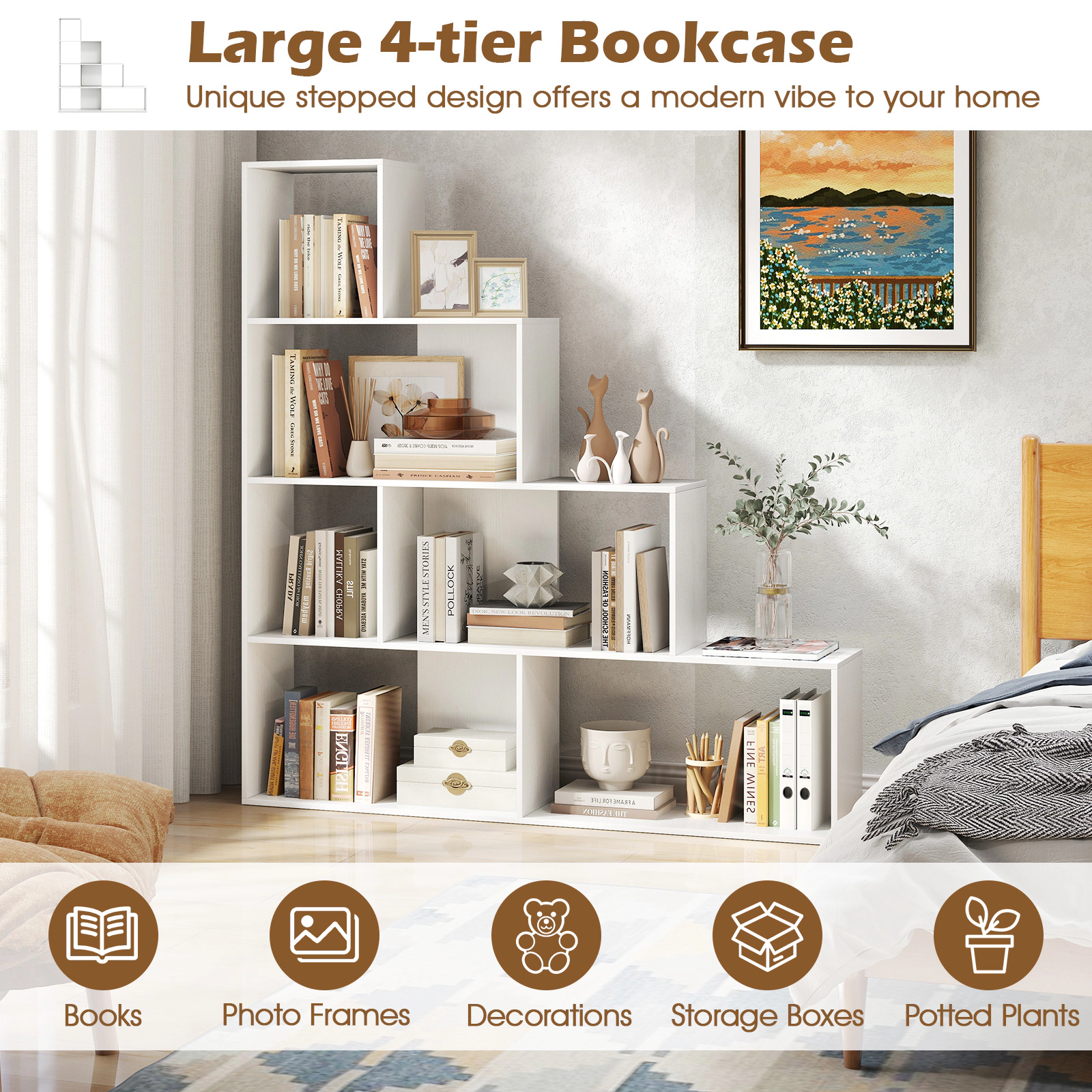 SUGIFT White 4-Tier Stair Bookcase with 6 Cubes and Stepped Display Design