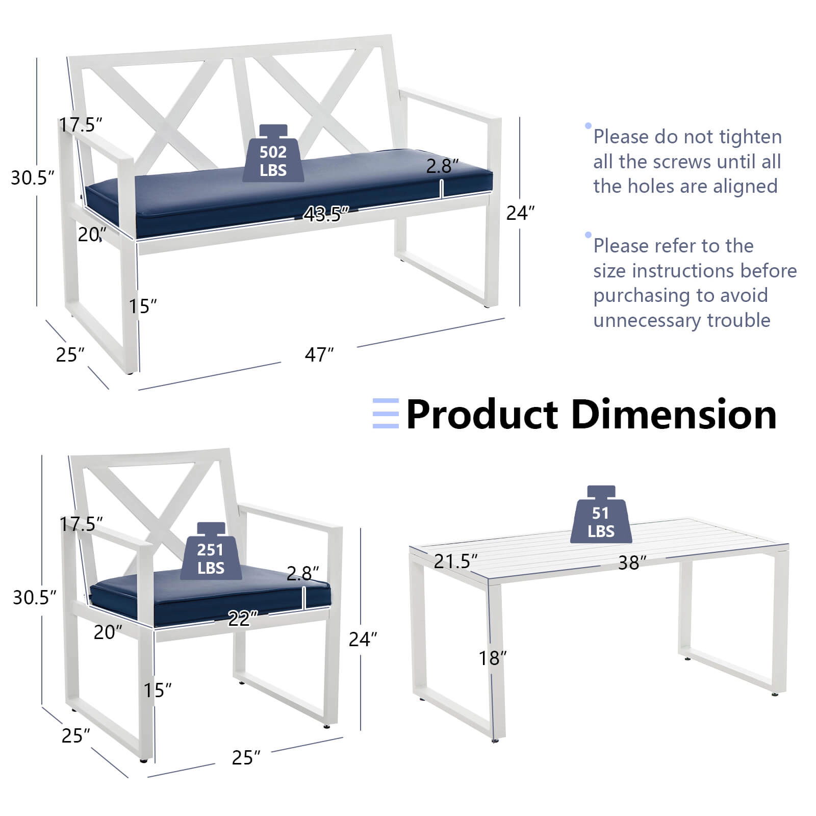 SUGIFT White and Navy Steel Frame Loveseat and Side Table 4-Piece Outdoor Conversation Set