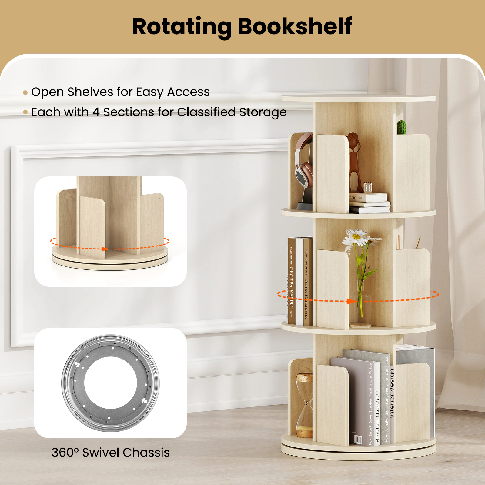 SUGIFT 3-Tier 38.5-in Rotating Bookshelf with 360-Degree Swivel Base Dividers and Anti-Falling Baffles