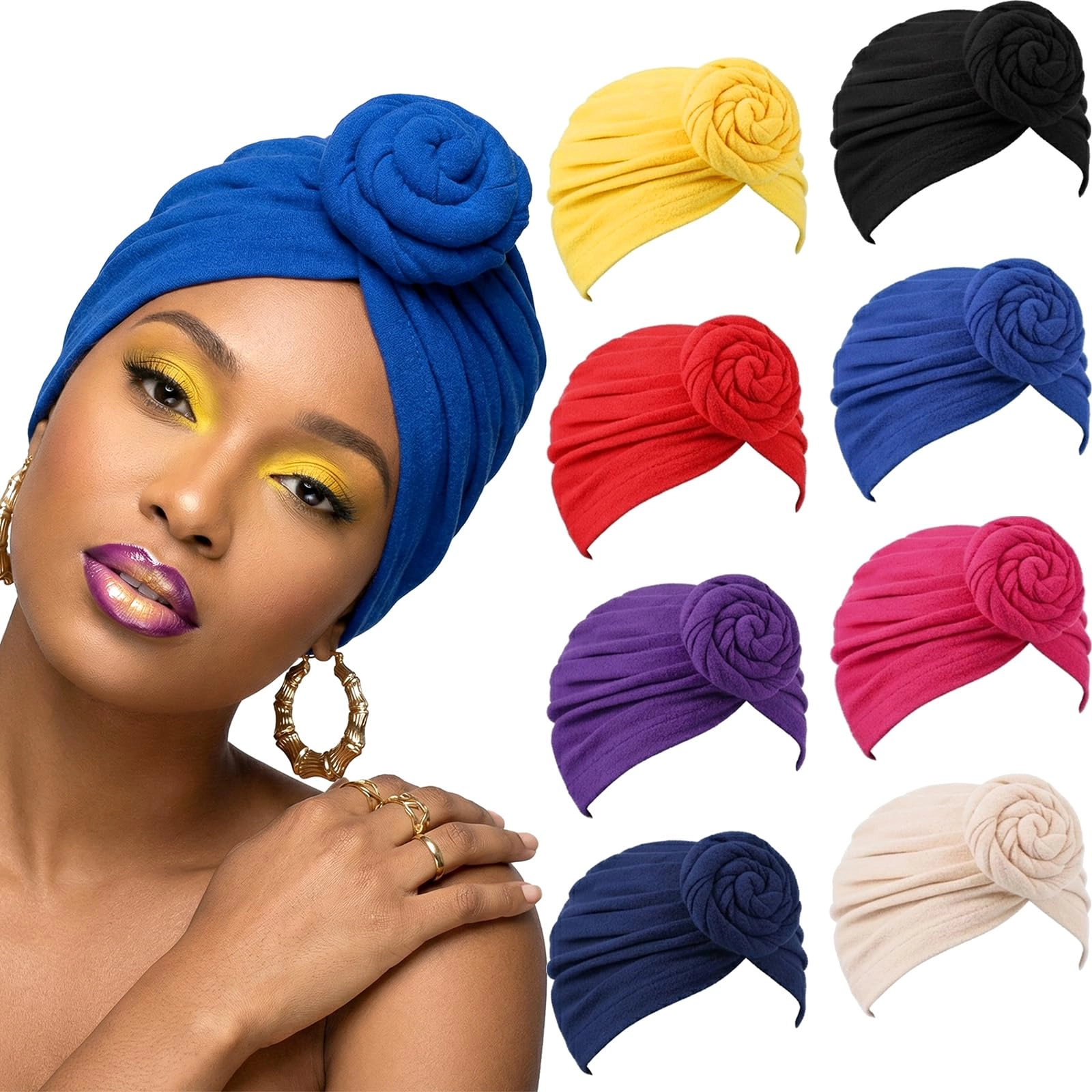 8 Women Turban Pre Tied Bonnet Hairwrap Flower Knot Beanie Cap Head Wraps Headband Hat  Stretch Turbans Caps