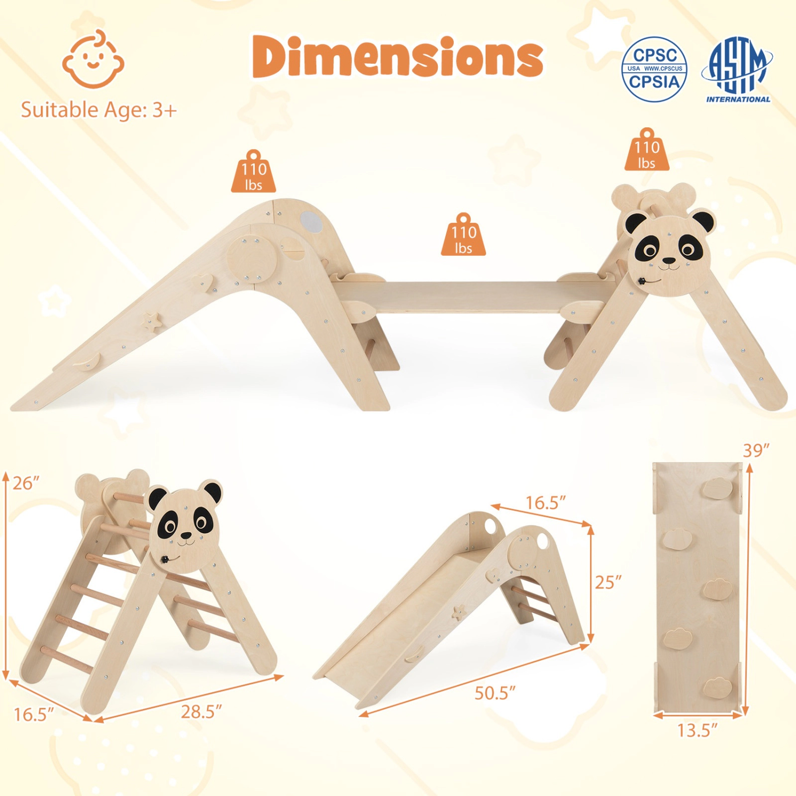 SUGIFT Foldable Panda-Themed Montessori Climbing Triangle Set with Slide and Balance Bridge 110-lb Capacity Ages 3+