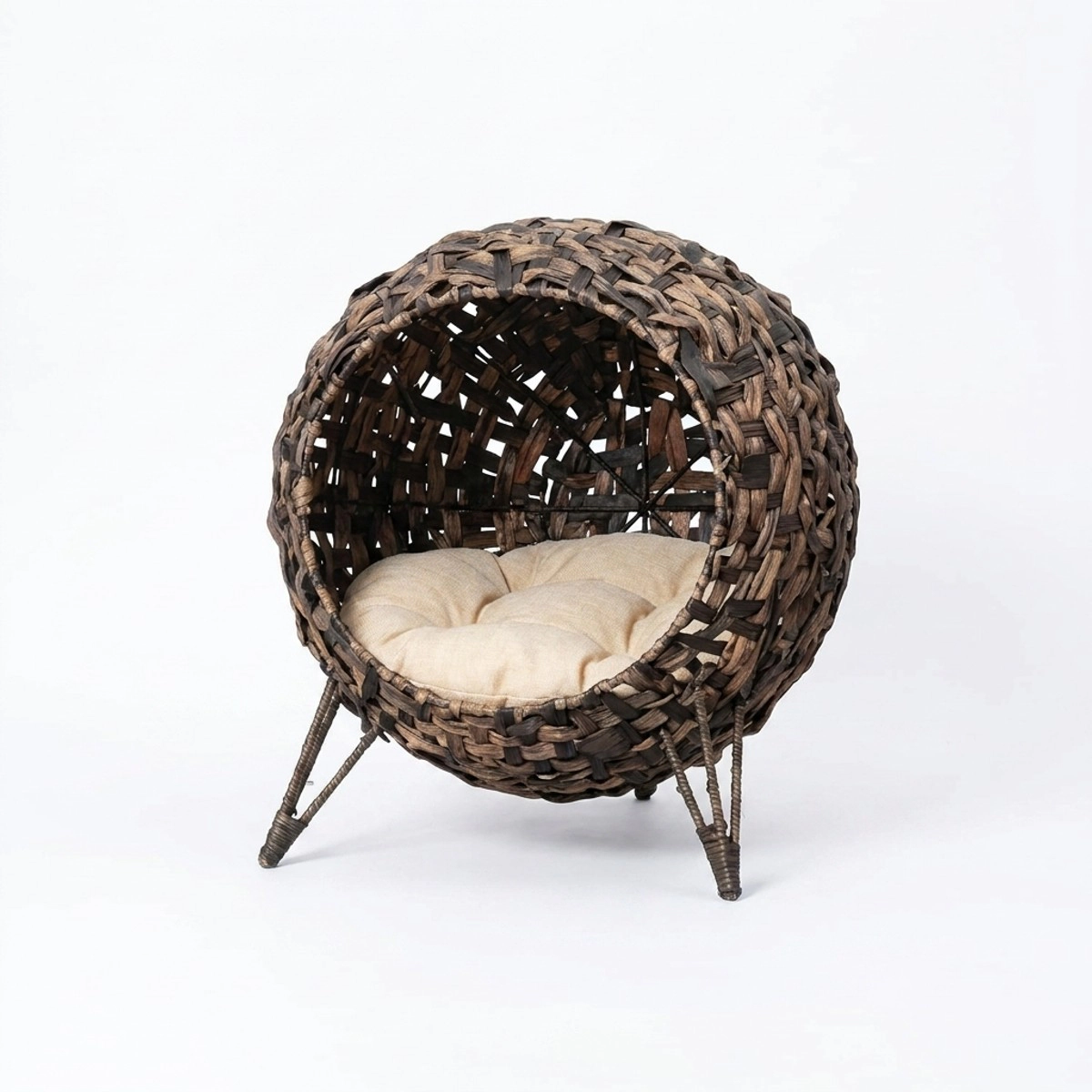 212 Main PawHut Weaved Cat Bed & Elevated Hand-Woven Braided Banana Leaf Kitten House Condo with Cushion