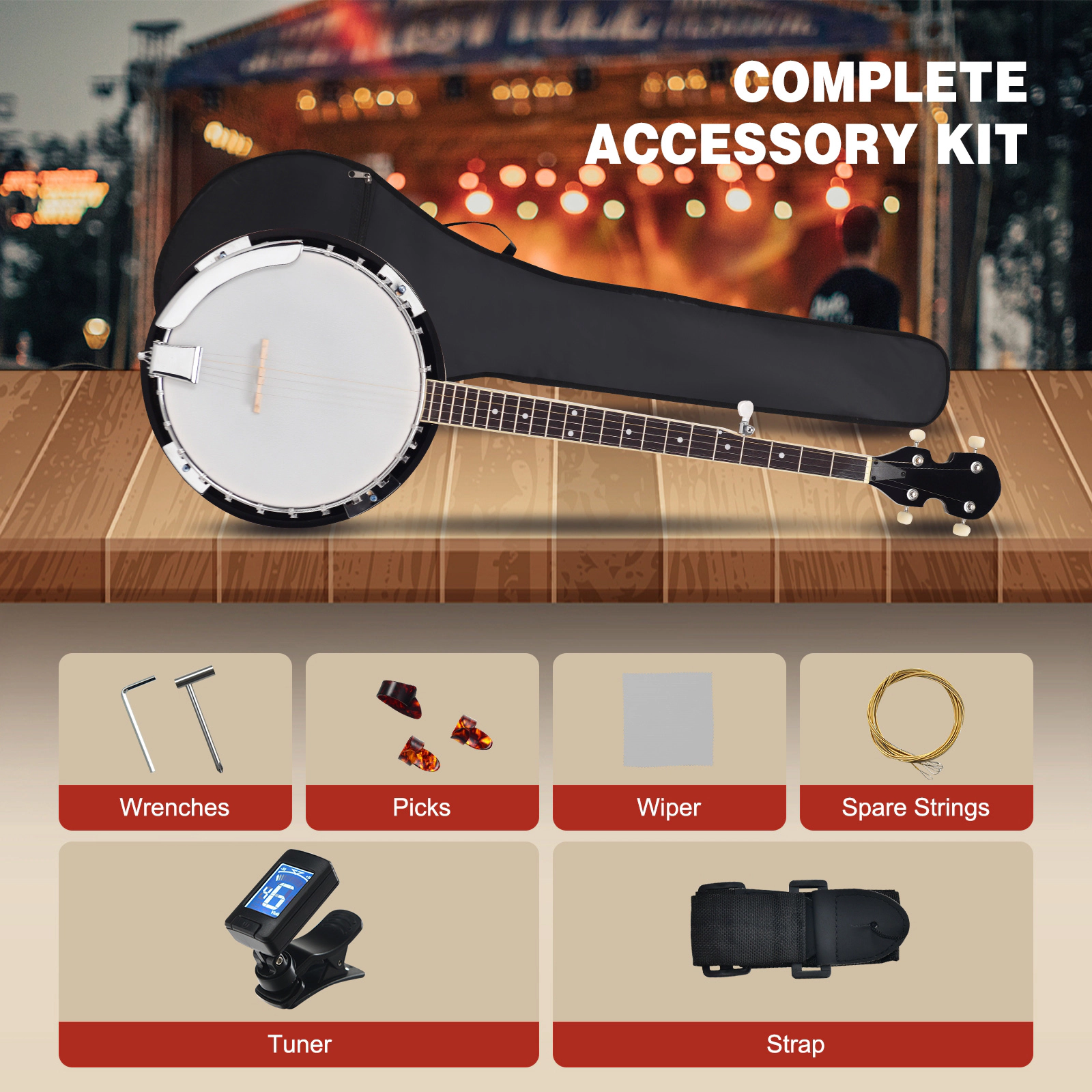 SUGIFT Unisex Brown 5-String Geared Tunable Banjo with Rosewood Fingerboard and Case 13.5-in W 4-in D 39-in H