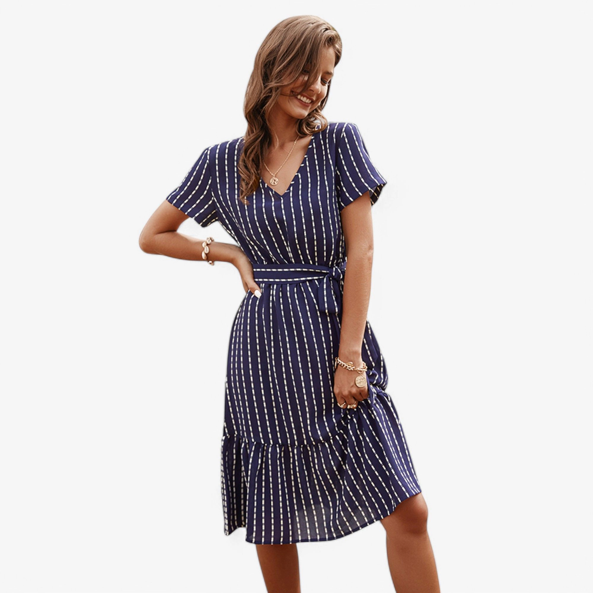 Anna-Kaci Women's V Neck Short Sleeve Tiered Waist Tie Midi Dress