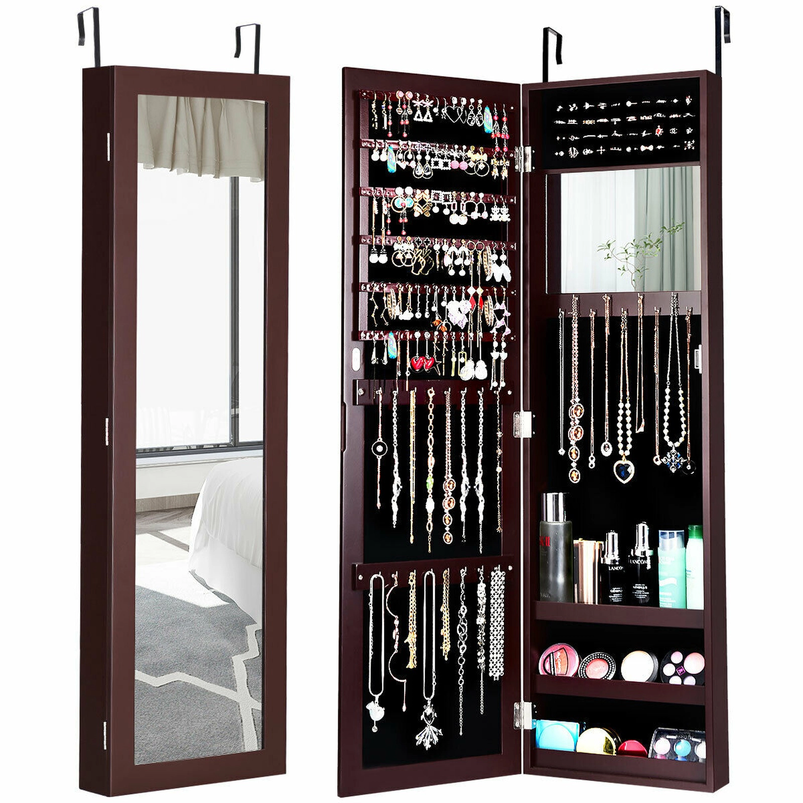 SUGIFT Dark Brown Full-Length Mirror Jewelry Cabinet with Ring Slots Necklace Hooks and Wall Storage