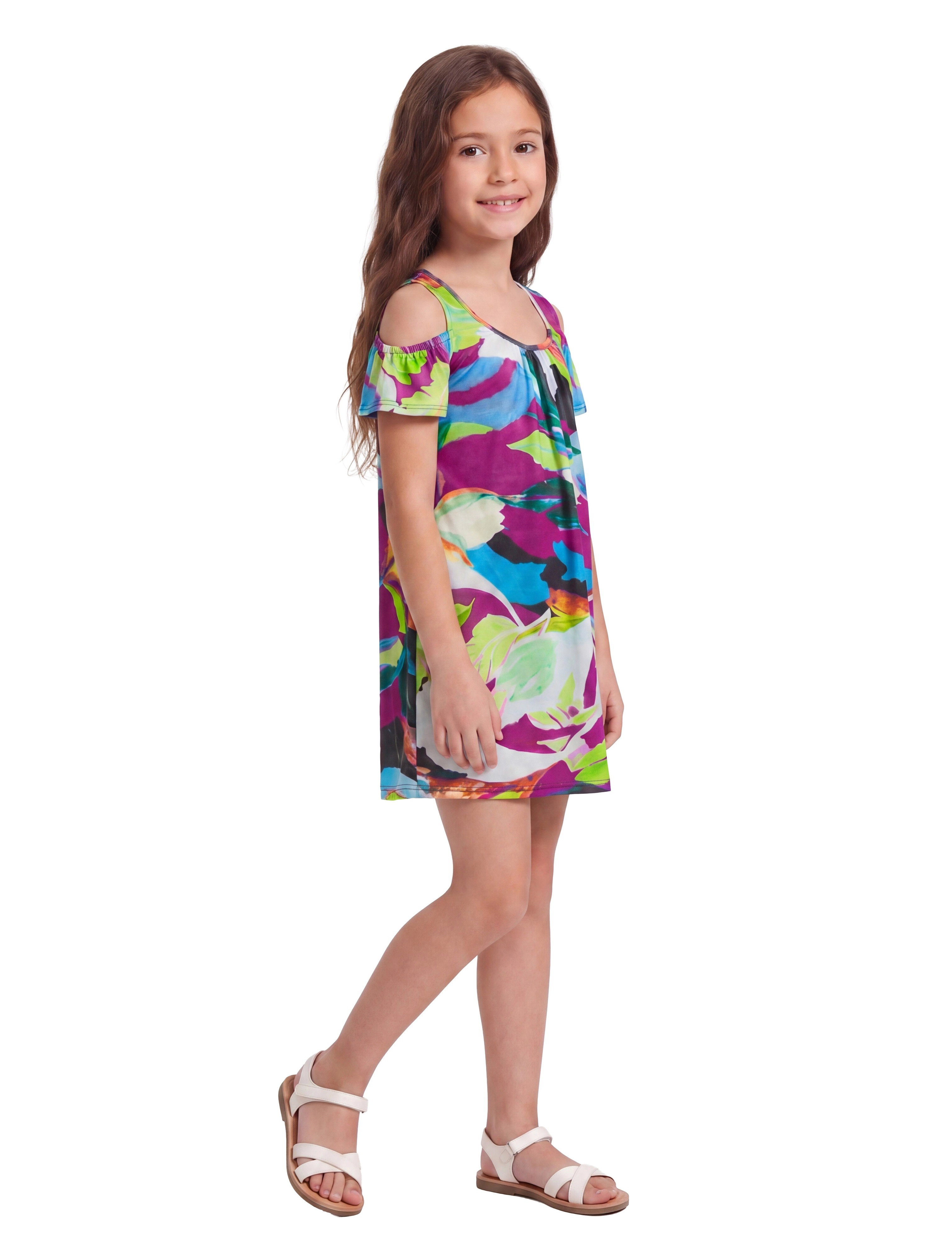 24sevenKid Essential Girls Multicolor Print Cold Shoulder A Line Dress