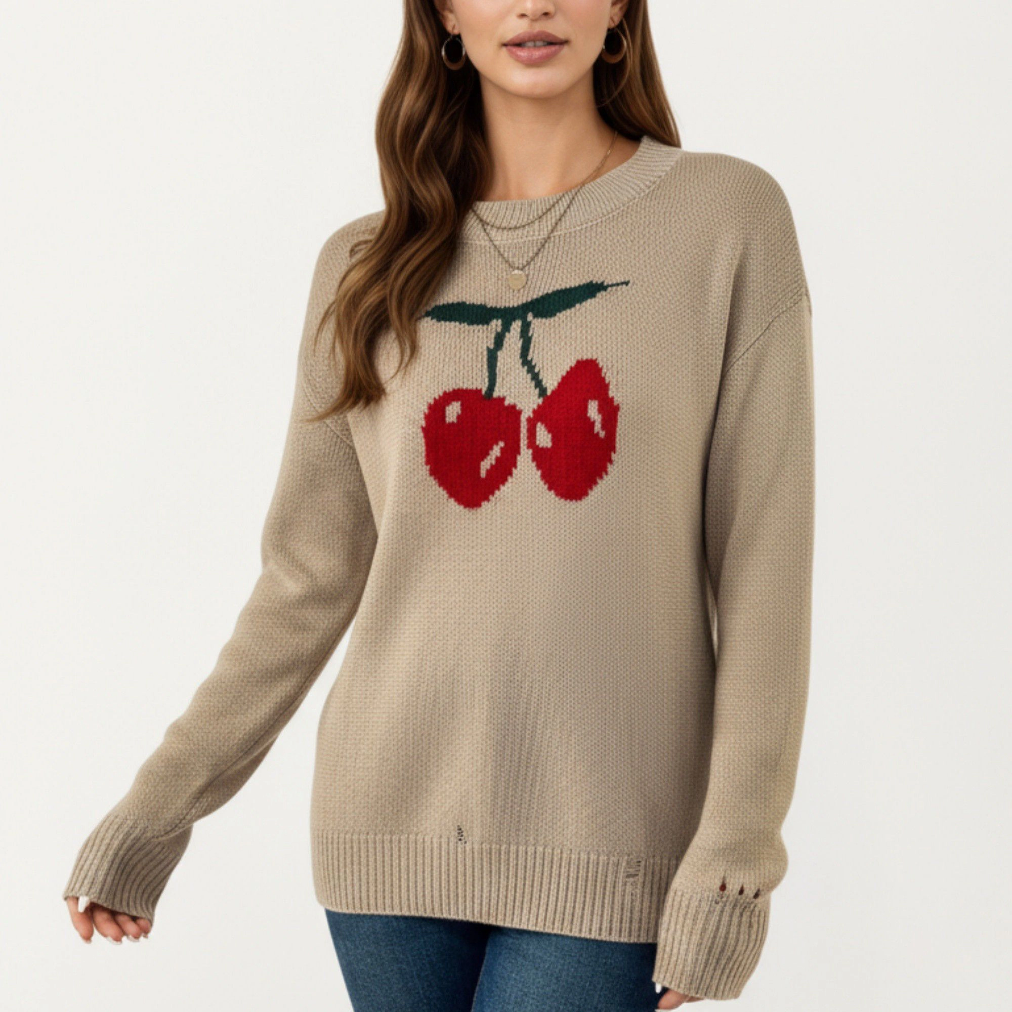 Anna-Kaci Women's Long Sleeve Knit Sweater with Cherry Graphic Design and Ribbed Trim