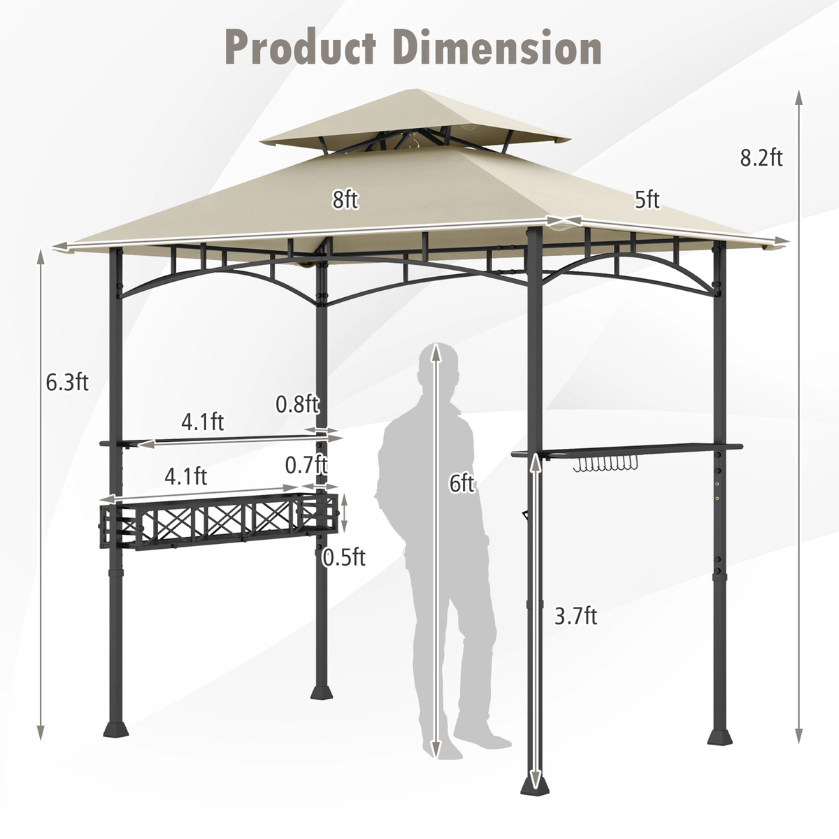 SUGIFT 2 Side Shelves 10 Hooks and Storage Basket 8 x 5 ft Outdoor Grill Gazebo