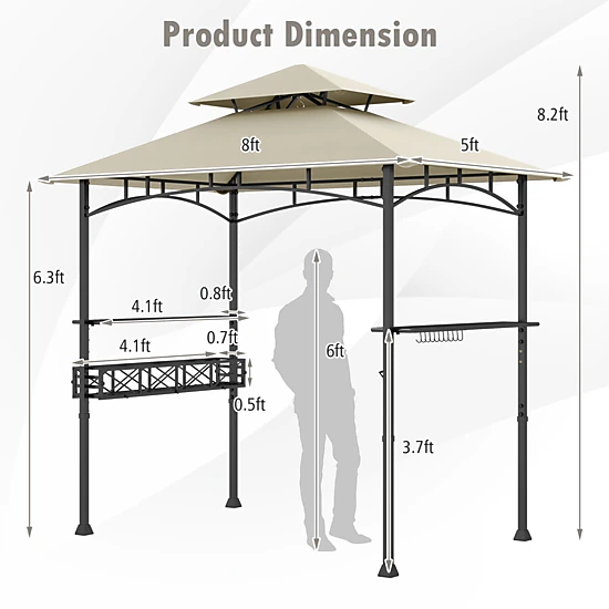 SUGIFT 2 Side Shelves 10 Hooks and Storage Basket 8 x 5 ft Outdoor Grill Gazebo