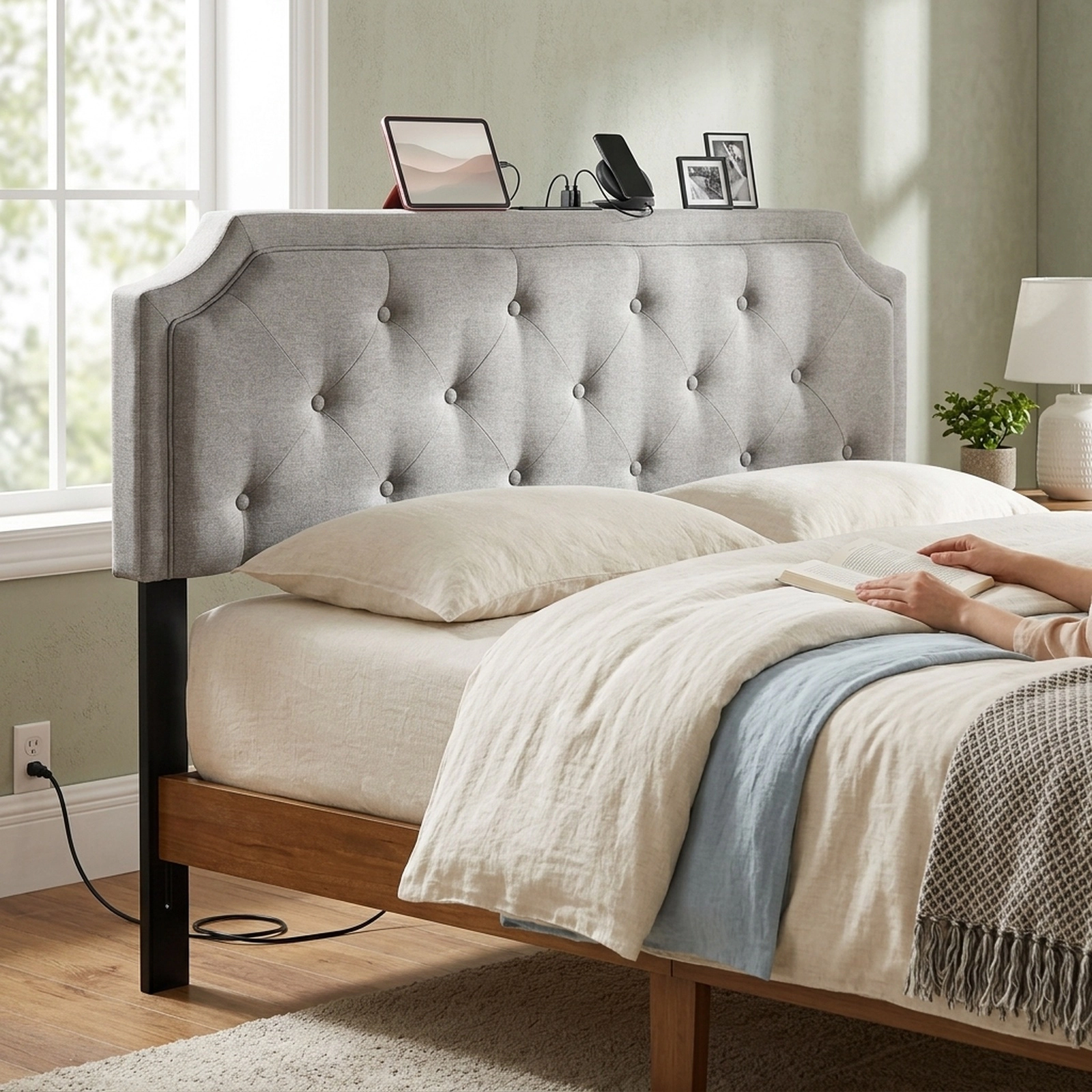 SUGIFT Tufted Upholstered Headboard, Full-Queen, Gray, Charging Station, 2 AC Outlets, USB and Type-C Ports