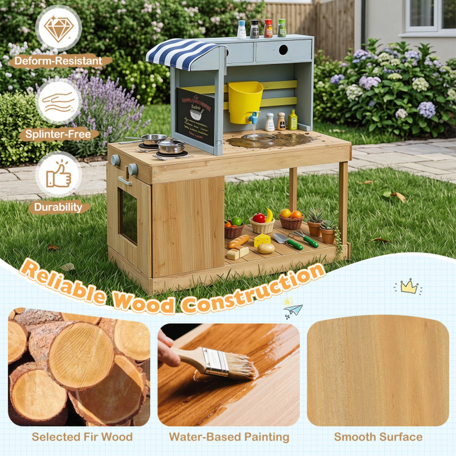 SUGIFT Fir Wood Kids Kitchen Playset with Canopy and Faucet 35-in Tall Mud Kitchen Ages 3+ Natural & Blue 8-Piece Set