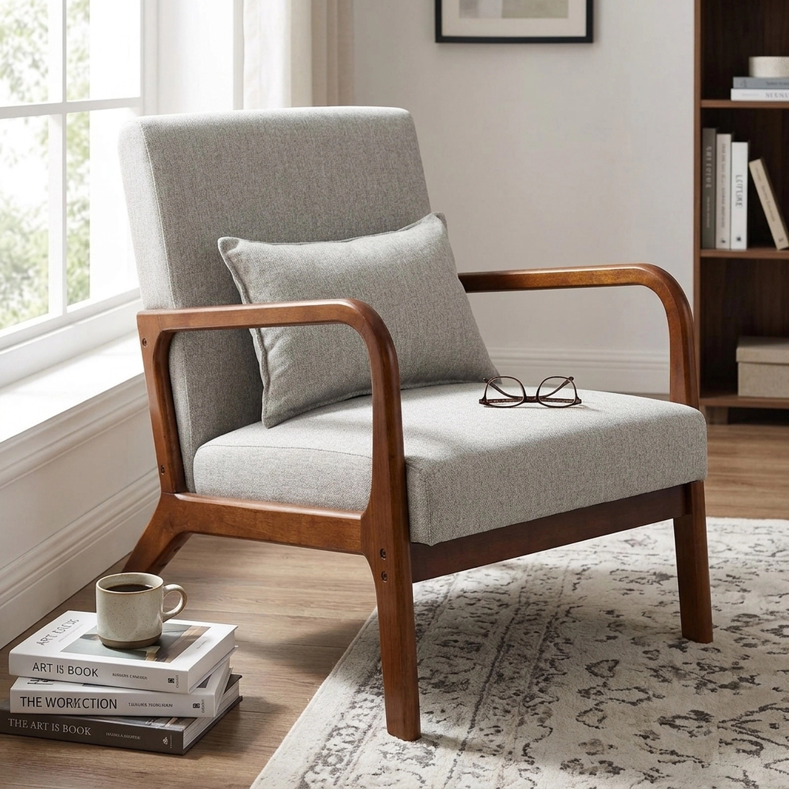 SUGIFT Modern Accent Lounge Chair, 102-Degree Tilt, Rubber Wood Arms, Faux Linen, Gray