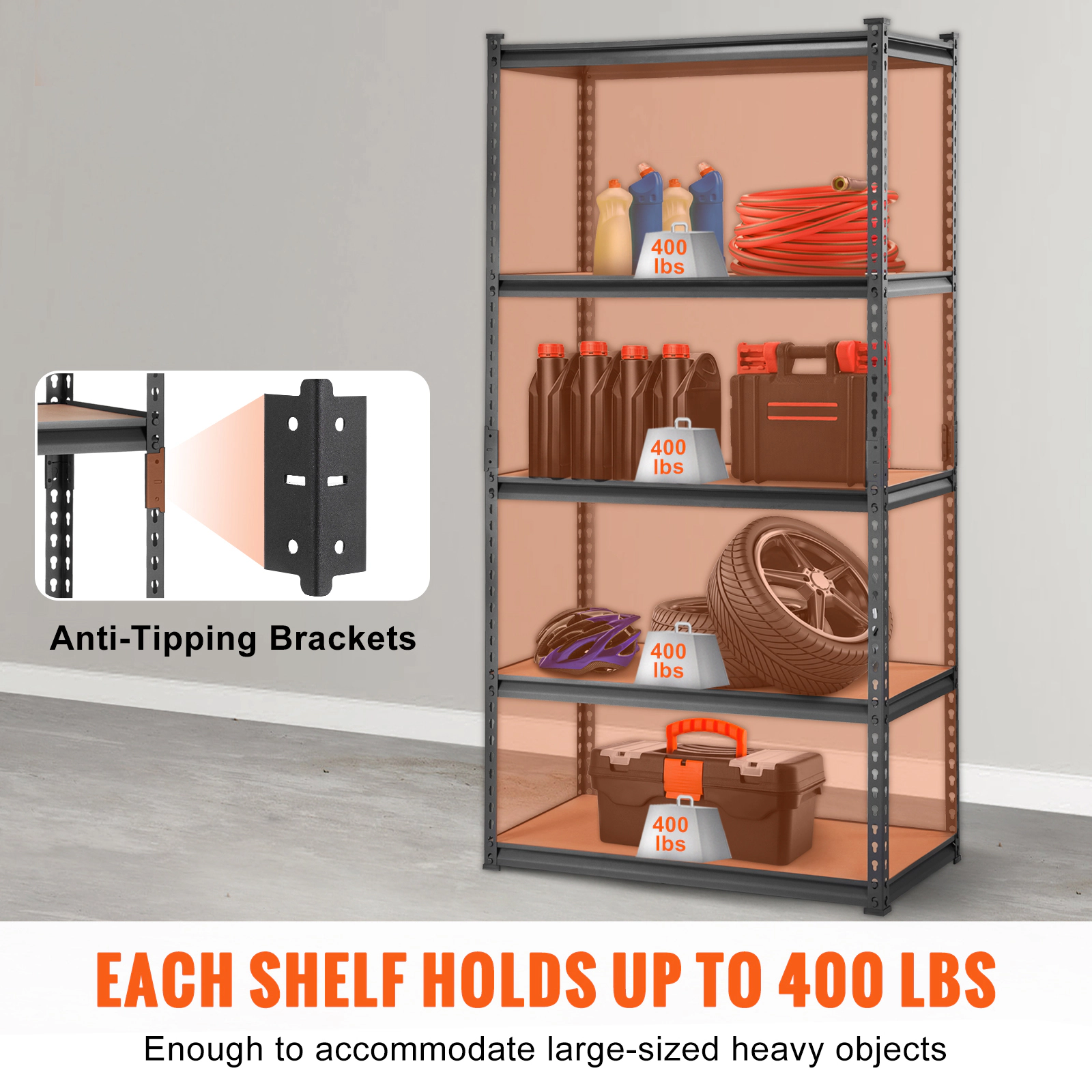 HONGGE 5-Tier Adjustable Garage Shelving Unit, 35 x 18 x 71 Inch Heavy Duty Metal Rack, Holds 2000 lbs, Black