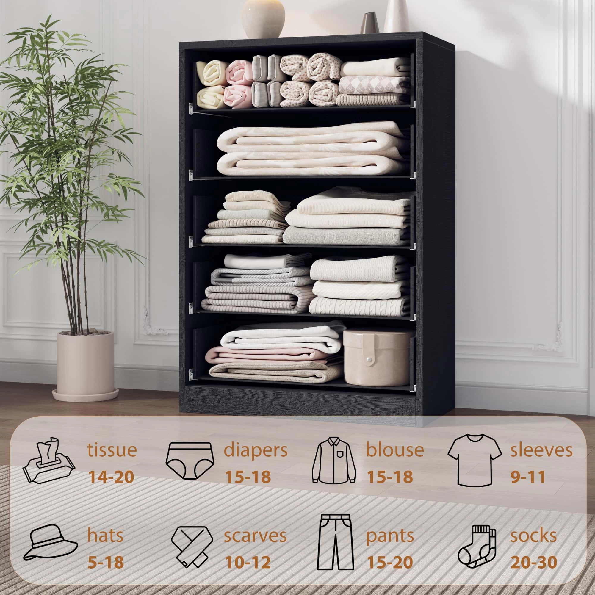 5 Drawer Dresser, Freestanding MDF Chest of Drawers with Storage Top and Anti-Tip Hardware for Bedroom