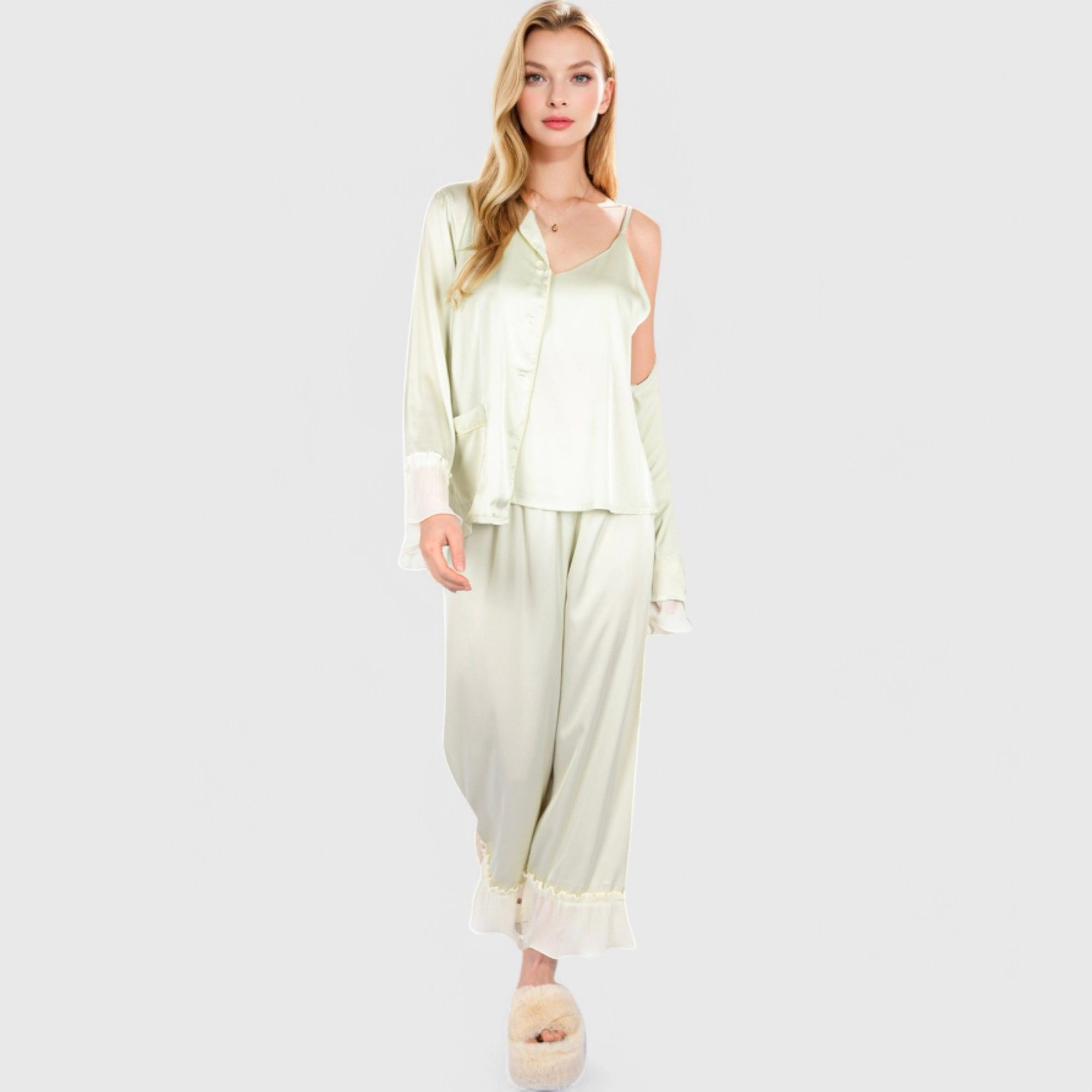 Anna-Kaci Women's Satin Pajama Set with Ruffled Cuffs and Button Up Top
