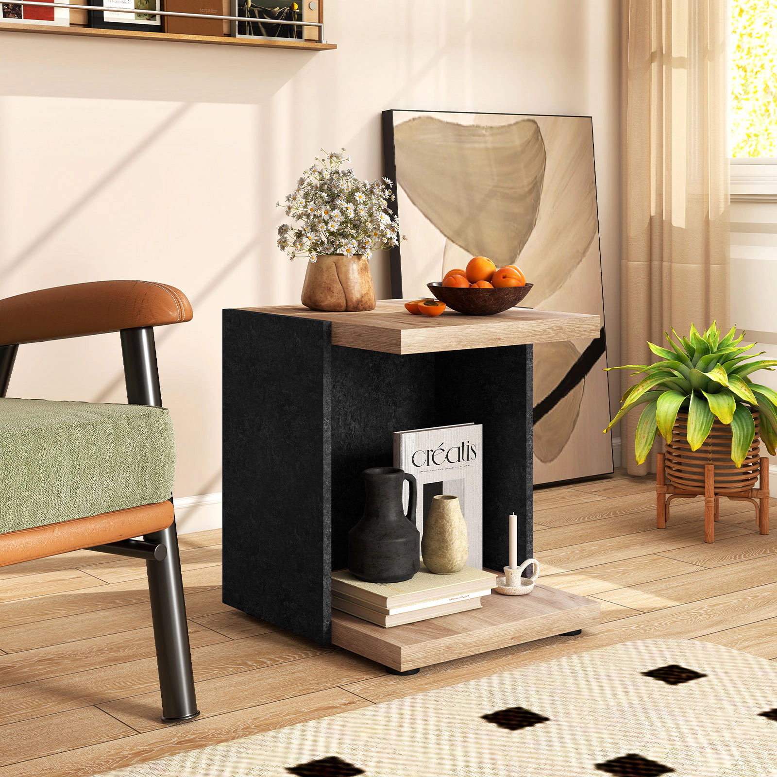 Glintex 2-Tier Sofa Side Table with Thickened Board and Raised Metal Legs, Oak