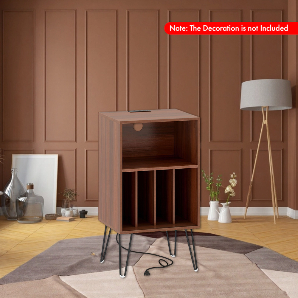 Hivvago Stylish Turntable Console with Power Hub and Record Storage Shelves