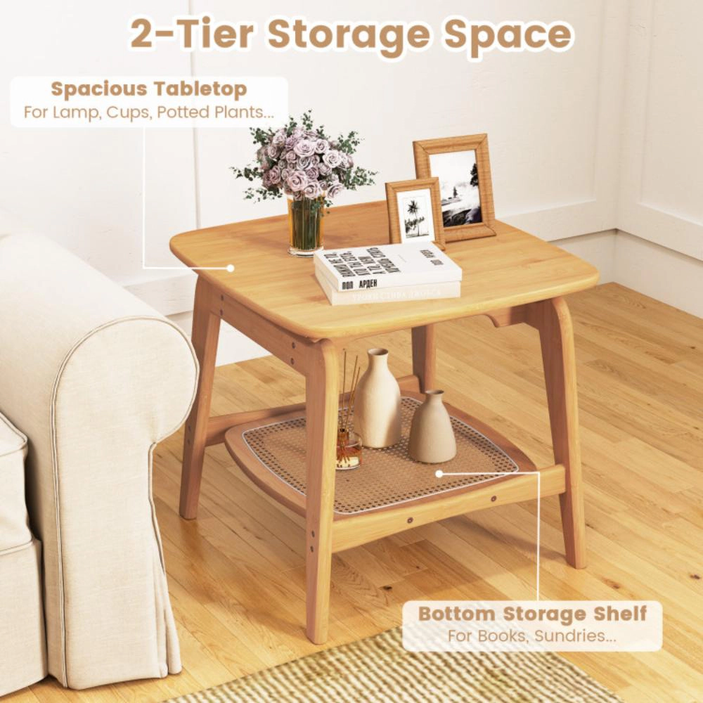 Hivvago Bamboo Accent Table with Faux Rattan Lower Storage Shelf