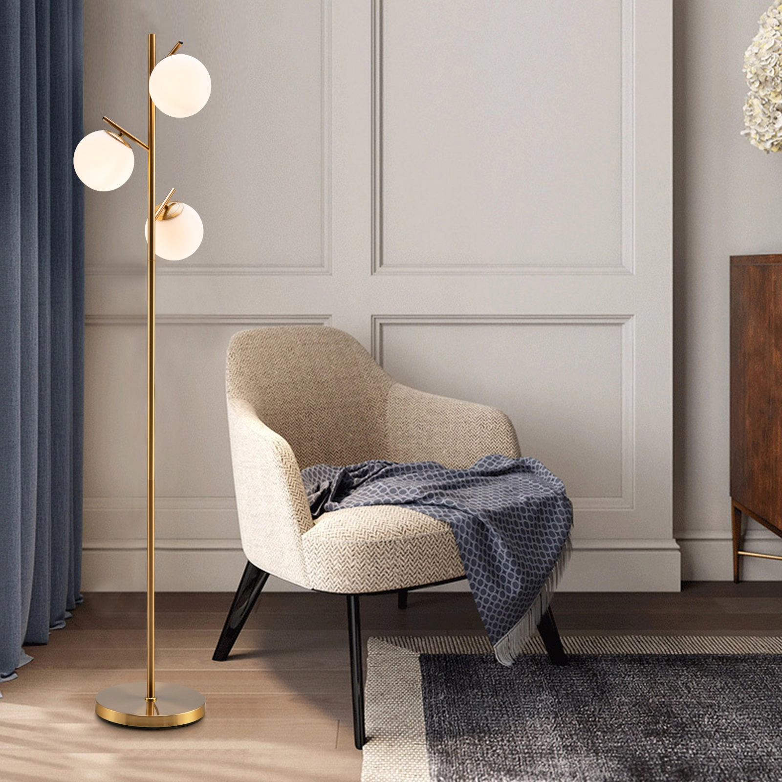 Slickblue Triple Glass Shade Floor Lamp 66in Gold Metal Frame Living Room Bedroom Lighting