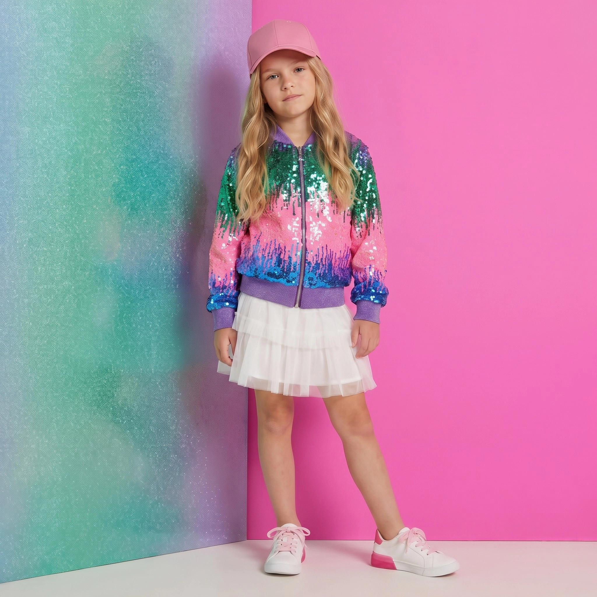 2Bunnies Girls' Aurora Gradient Sequin Holiday Party Bomber Jacket