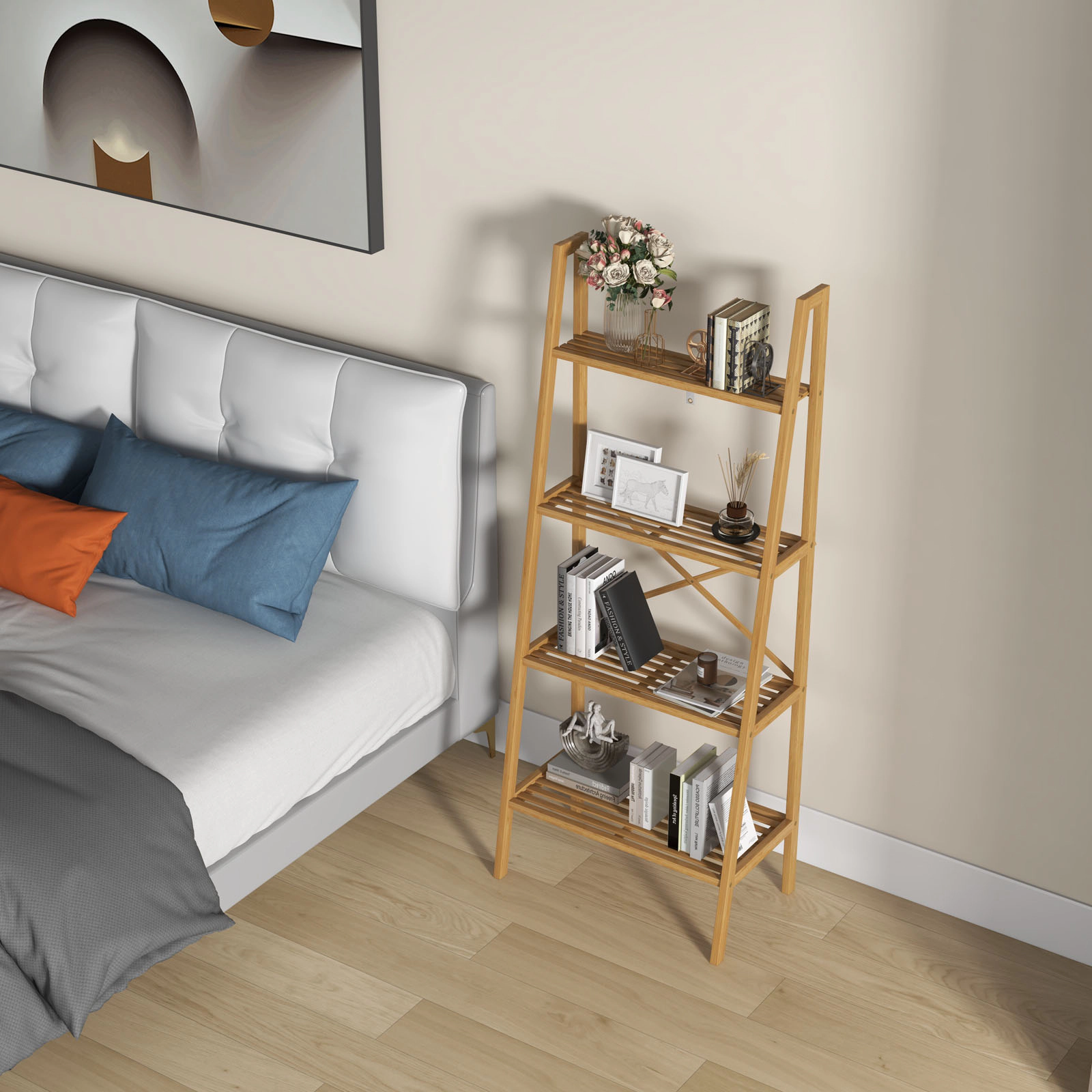 SUGIFT 58-in 4-Tier Bamboo Ladder Bookshelf 24 x 14 x 58 in Frame 22-44-lb Shelf Capacity 9-lb Net Weight Natural Finish