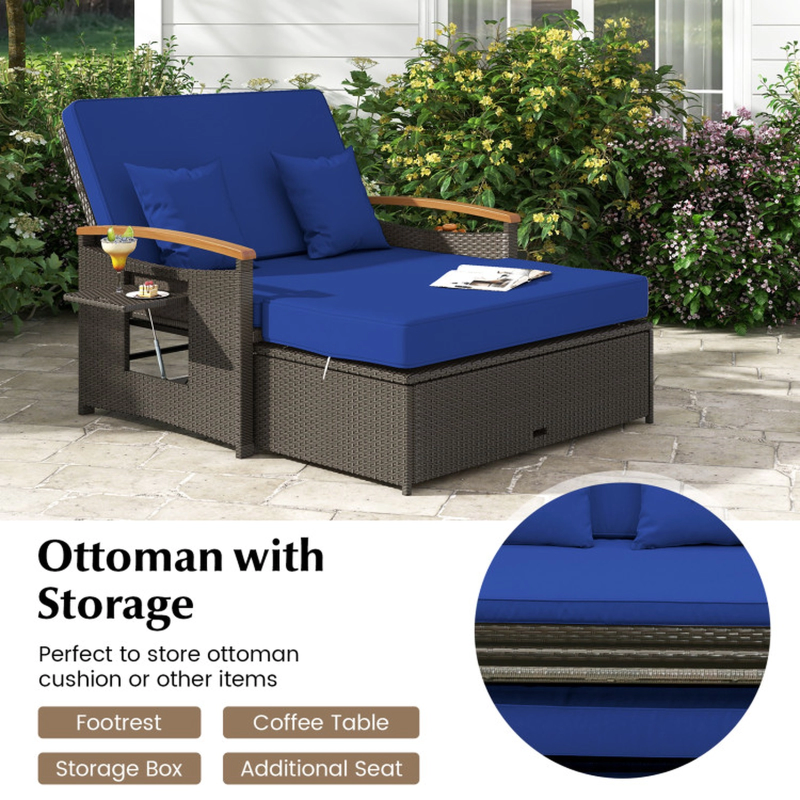 SUGIFT 4-in-1 Outdoor Wicker Chaise Lounge Daybed Loveseat with Folding Panels and Storage Ottoman 800-lb Capacity Navy