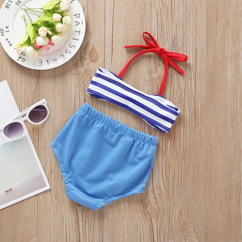 MyKids-USA Baby Girl Striped Pattern Bow Tie Design Belted Tops Combo Shorts Swimwear