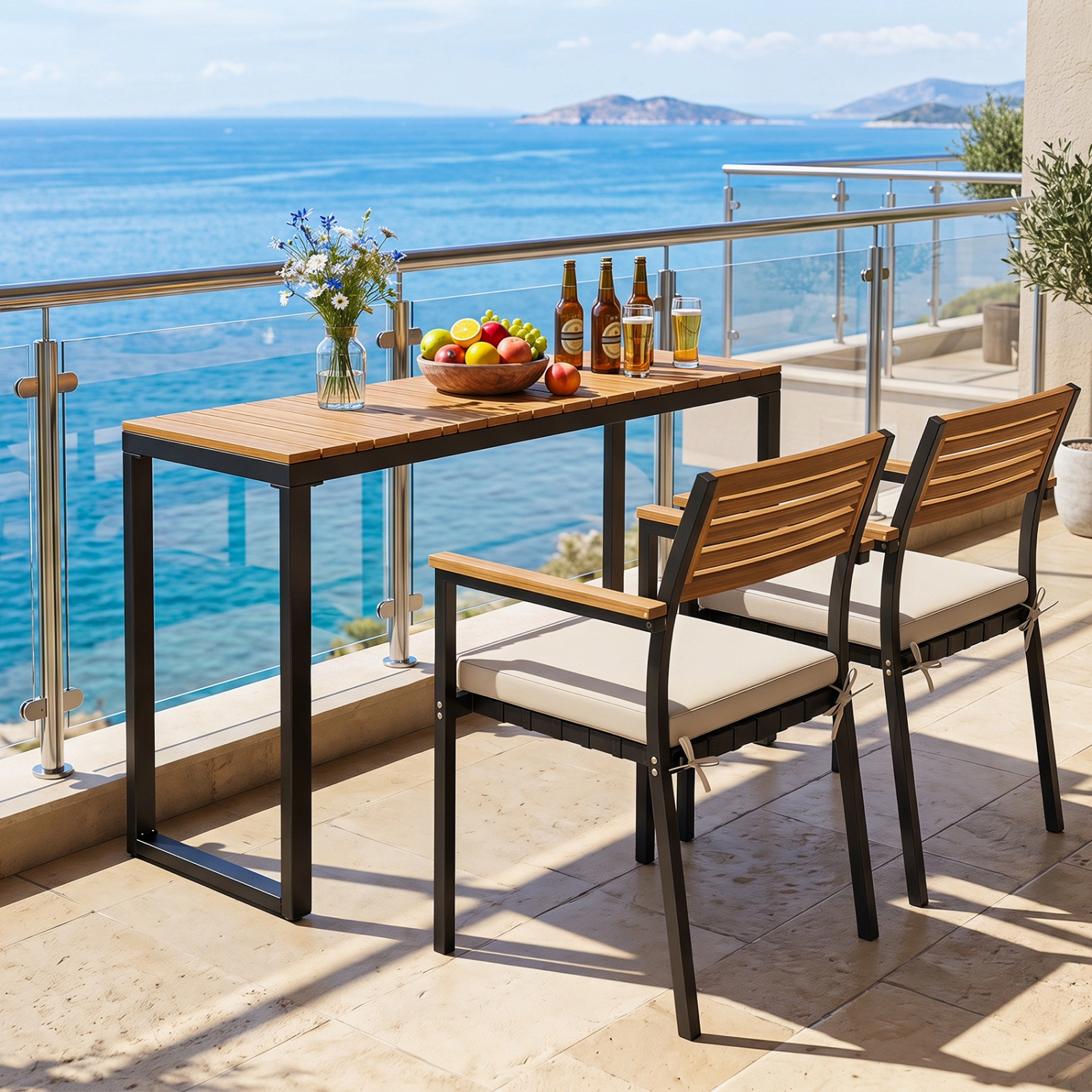 SUGIFT 51-In Narrow Acacia Wood Slatted Outdoor Console Table, Natural and Black