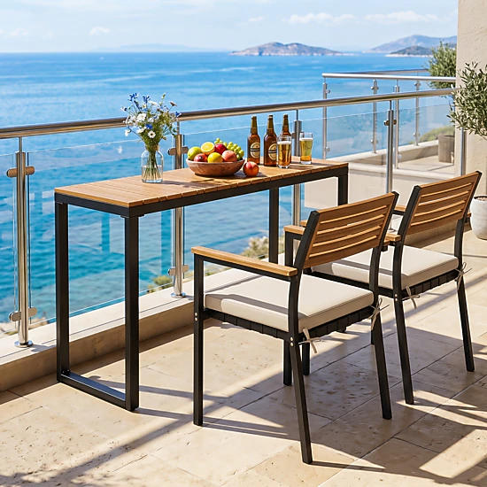 SUGIFT 51-In Narrow Acacia Wood Slatted Outdoor Console Table, Natural and Black