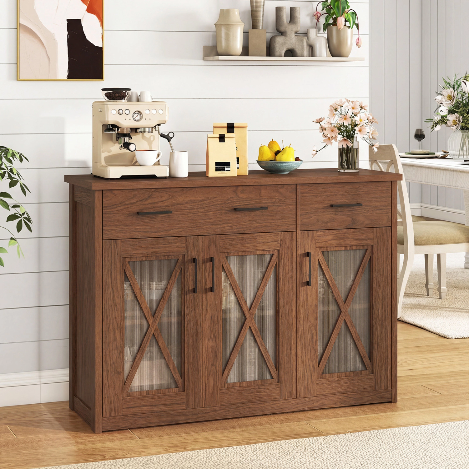 Glintex 47-Inch Farmhouse Buffet with Barn Doors and Fluted Panels