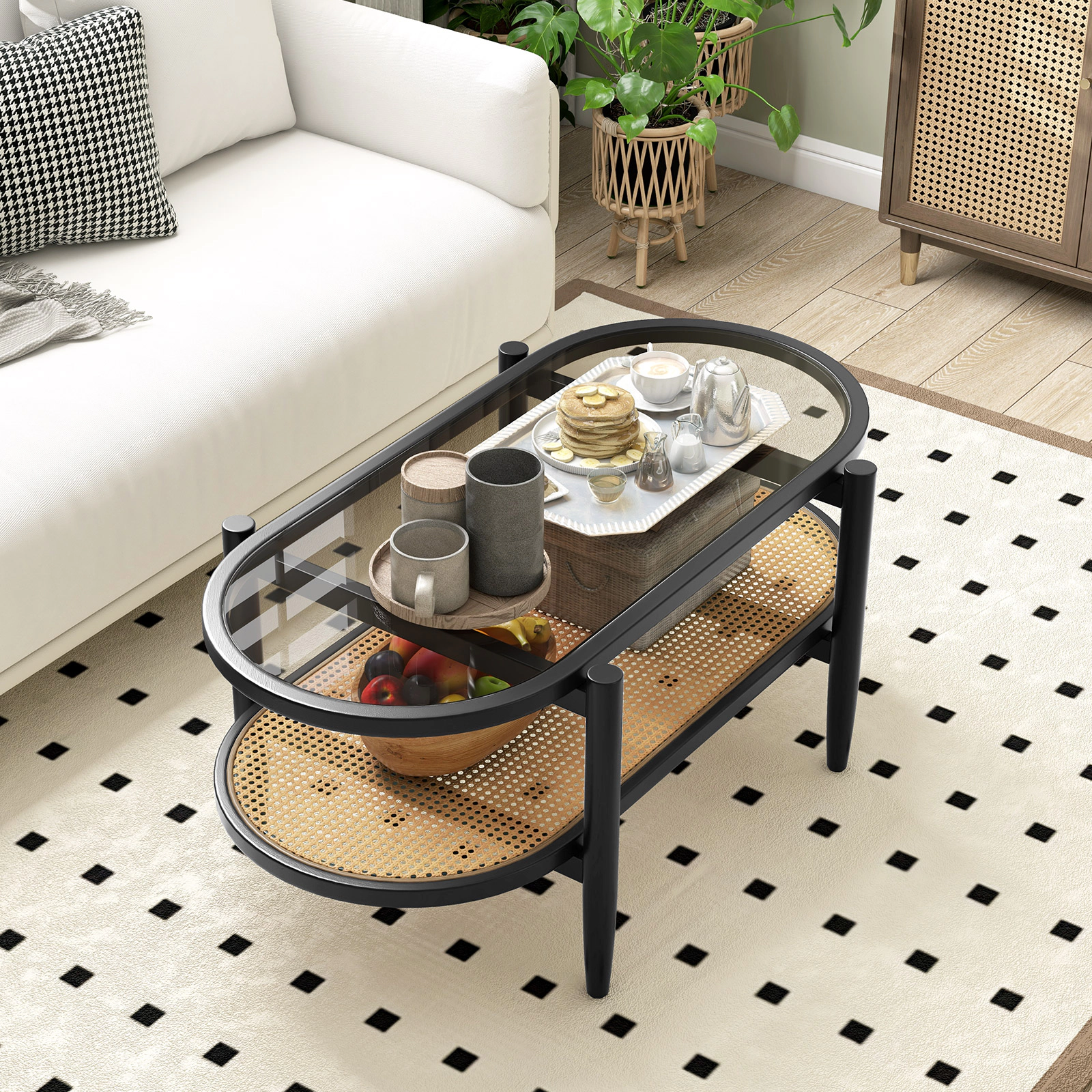 SUGIFT 2-Tier Acacia Wood Coffee Table with Tempered Glass Tabletop 176-lb Tabletop Capacity Brown/Black