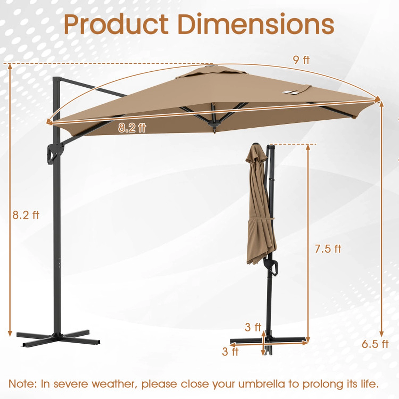 SUGIFT Vented Cantilever Patio Umbrella with Sun-Protective Canopy 9-ft Canopy Brown
