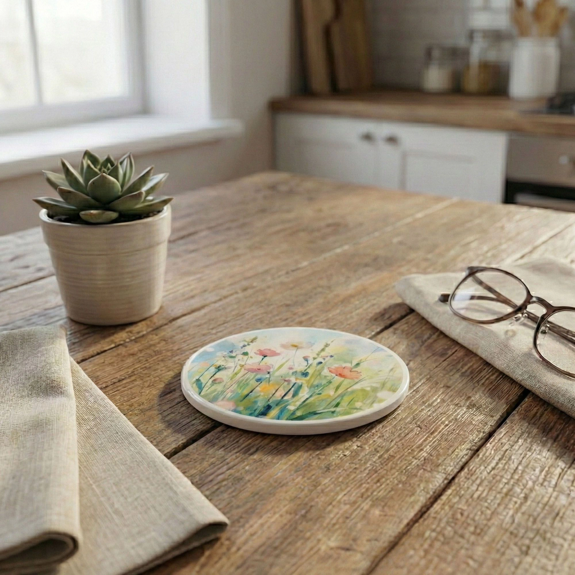 Alilang Unisex 2-PC Round Floral Decorative Coaster with Painted Meadow Design