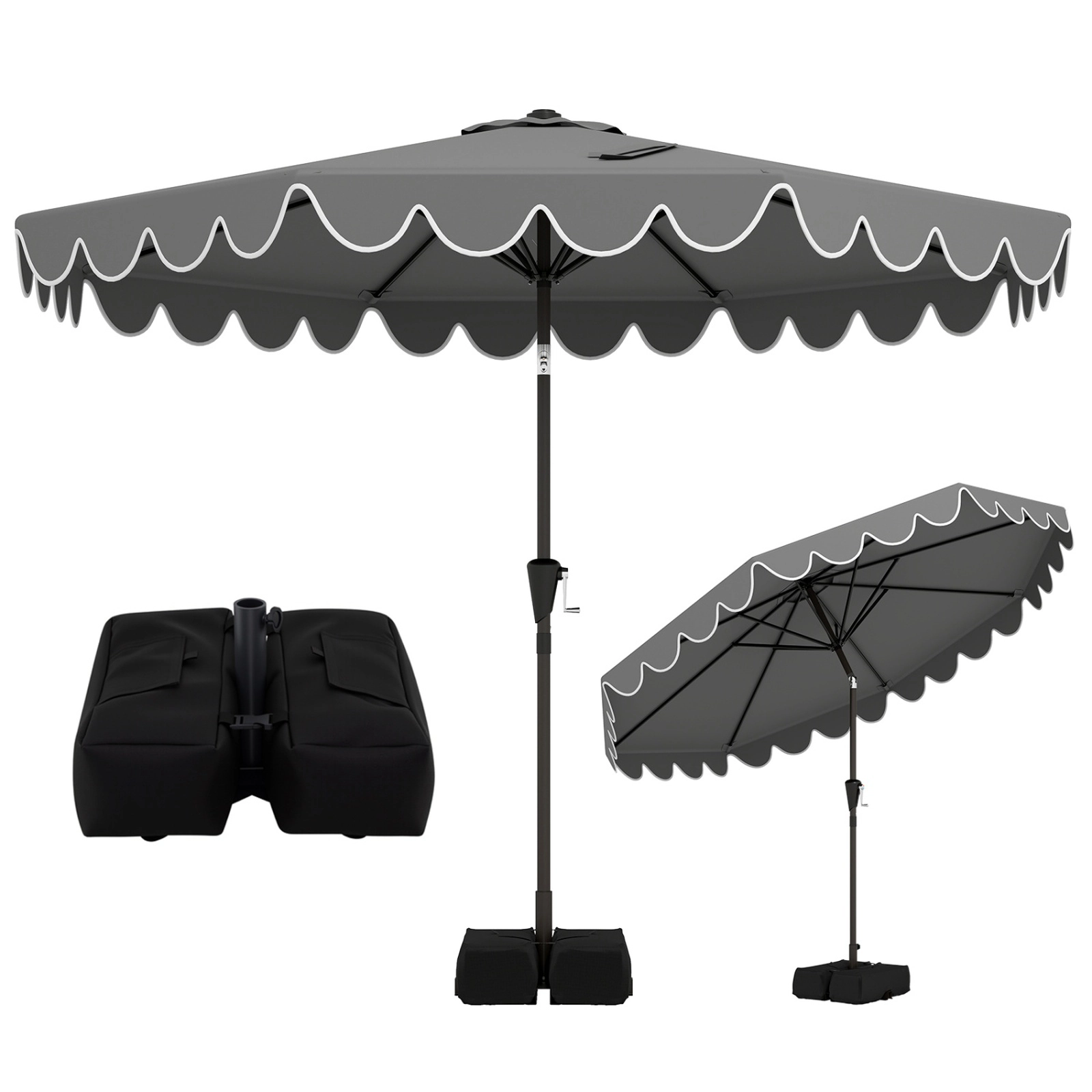 SUGIFT 10-ft Gray Market Patio Umbrella, Double-Tier Ruffled Canopy, Tilt, Crank Lift, 2 Sandbags